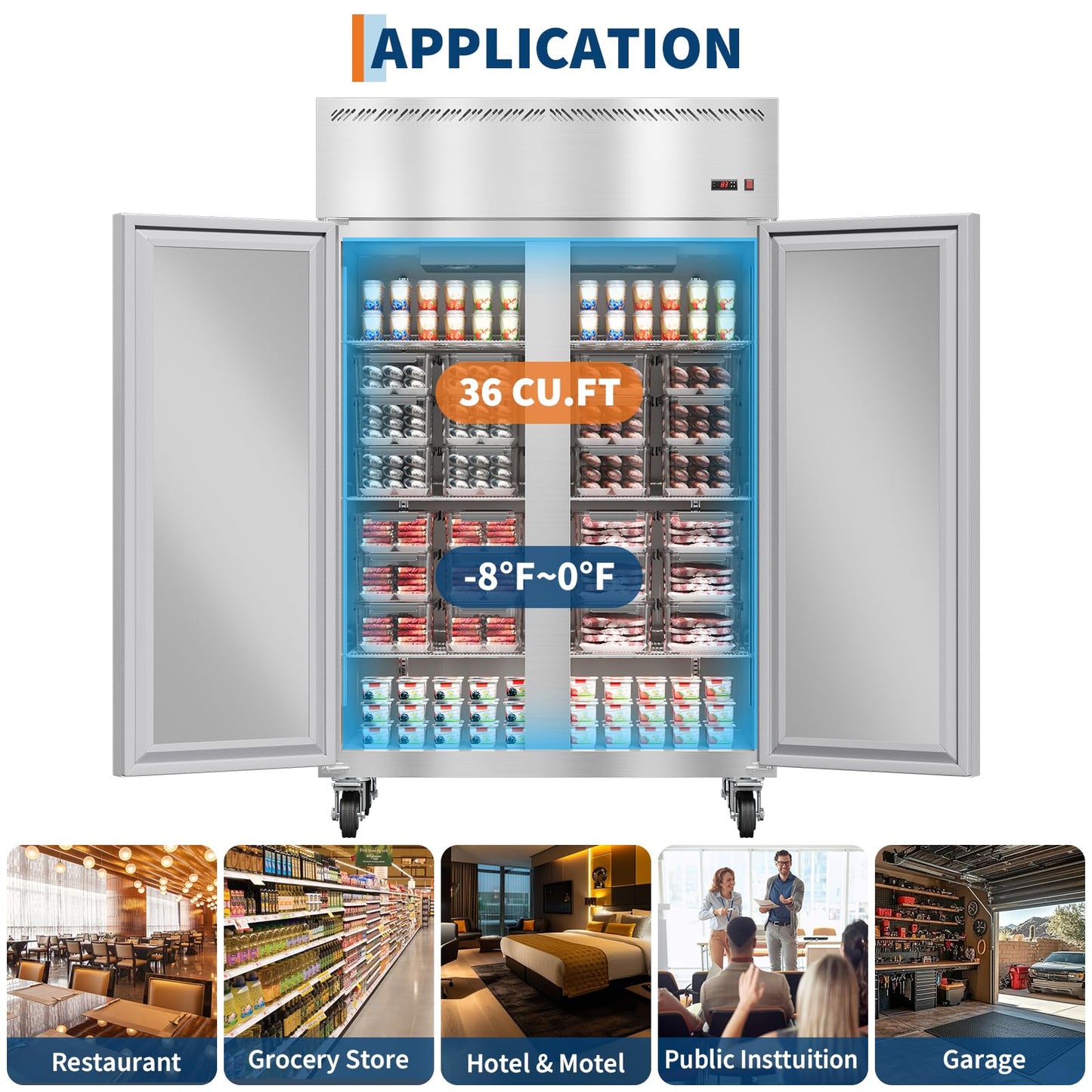 48" W Commercial Freezer -8°F~0°F with 2 Door, Reach-in 36 Cu.ft Stainless Steel Commercial Refrigerator Fan Cooling, Auto Defrost, 6 Adjustable Shelves, for Restaurant, Bar, Kitchen, Shop
