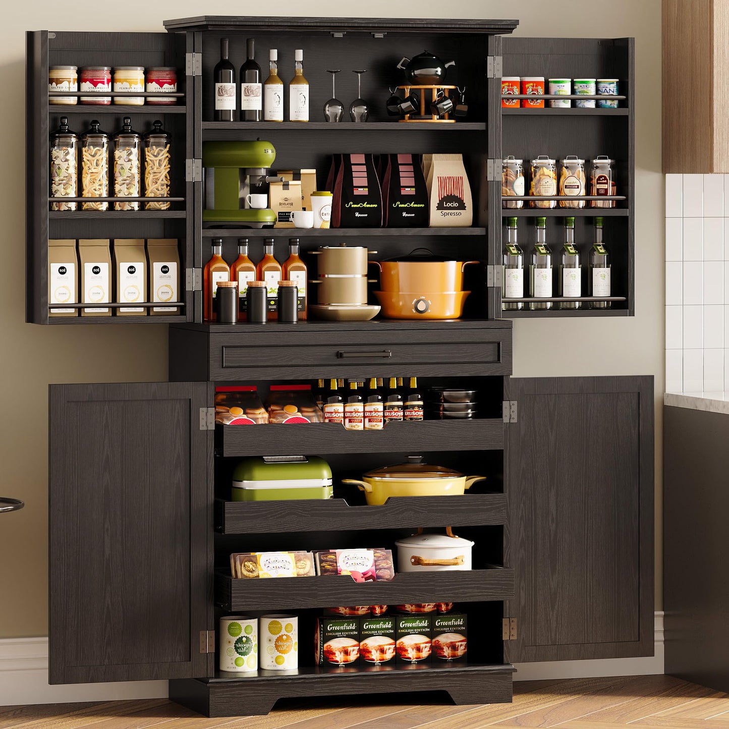 IRONCK Farmhouse Kitchen Pantry Cabinet, 72" Height Tall Freestanding Cupboard with Sliding Storage Rack and 6 Hanging Shelves for Kitchen, Dining Room, Black