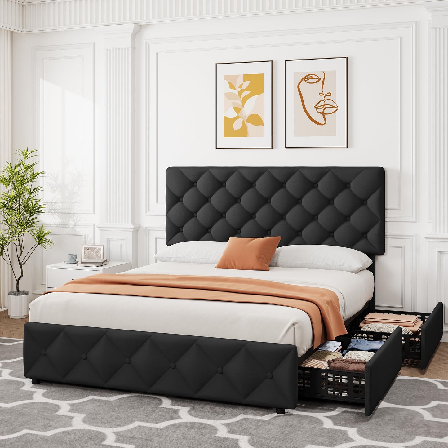IDEALHOUSE Full Size Bed Frame with 4 Storage Drawers and Adjustable Headboard, Linen Upholstered Platform Beds, Diamond Stitched Button Tufted, No Box Spring Needed, Black