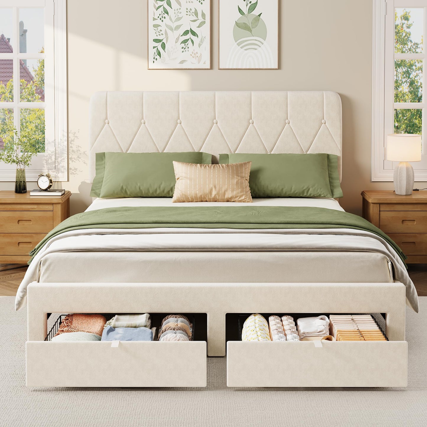 Garvee Full Bed Frame with 2 Storage Drawers, Velvet Upholstered Platform Full Size Bed Frame with Headboard, Wooden Slats Support, No Box Spring Needed, Easy Assembly, Beige