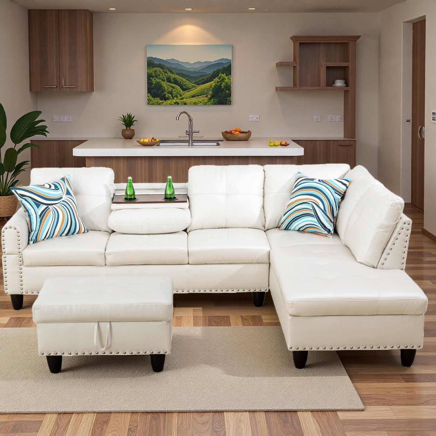 Topcomfy L Shaped Sectional Couches for Living Room with Movable Chaise & Storage Ottoman - 97.5" Leather V Shaped Couches for Apartment, Home Modular Sectional Sofas with Cup Holder, White