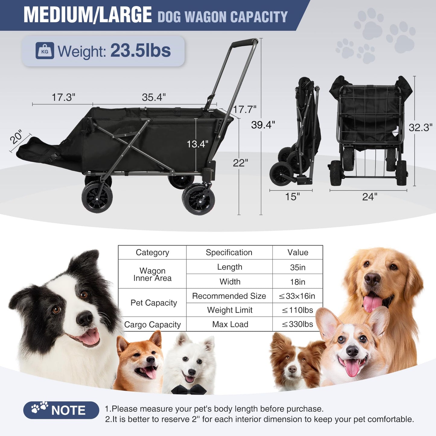 REDCAMP Folding Dog Wagon Cart with Extendable Rear End Heavy Duty, 220L Large Collapsible Utility Cart Dog Stroller with Tailgate for Sports Shopping Pet, Black