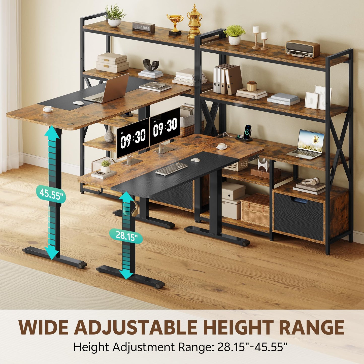 Homiflex 77.8 Inches L Shaped Standing Desk Corner Desk with Hutch Electric Height Adjustable Desk with Storage Shelves File Drawer Power Outlets Reversible Computer Gaming Desk for Home Office, Brown