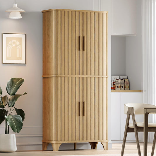 Decofy 69" Tall Kitchen Pantry Storage Cabinet with Sliding Door, Modern Curved Edge Pantry Storage Cabinet with 5 Shelves, Cupboard for the Kitchen, Dining Room, Bedroom, Living Room, Office (Oak)