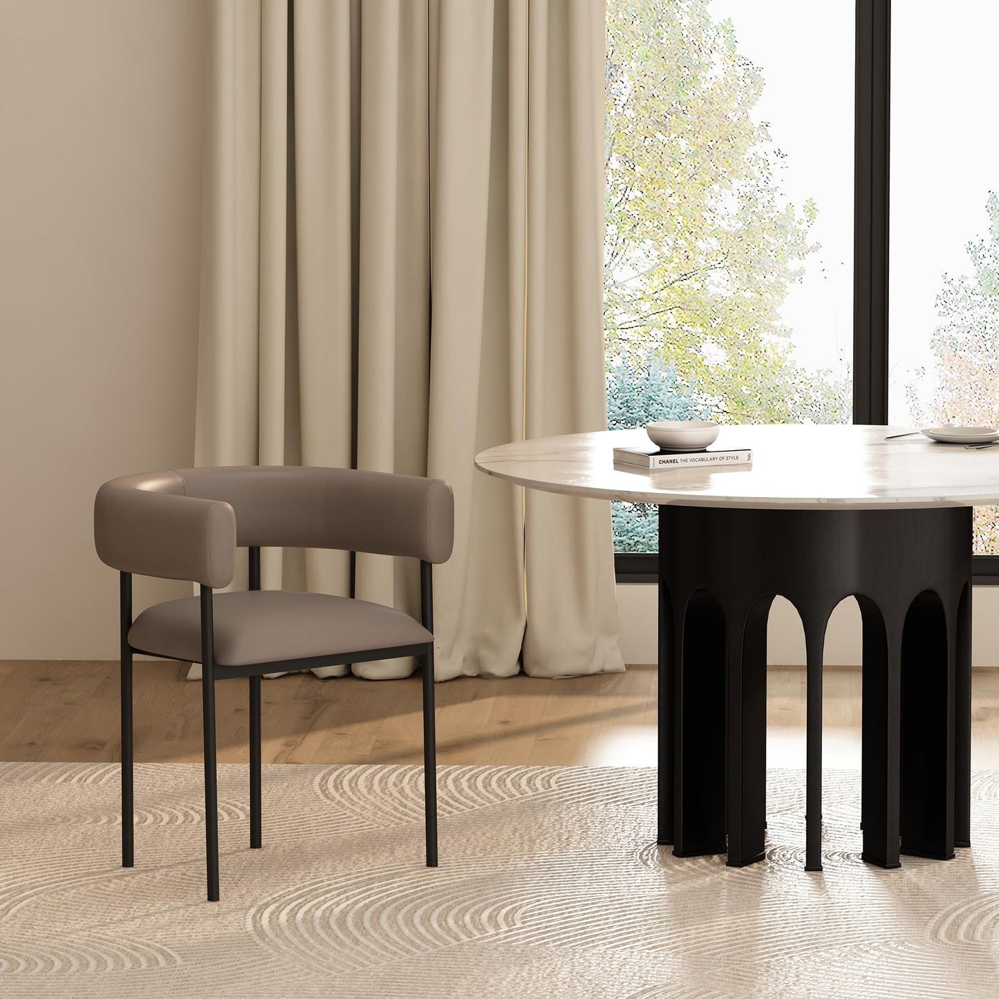 Manhattan Comfort Onda Dining Chair Upholstered in Vegan Leather, Metal Frame with Wraparound Backrest, Modern Seating for Kitchen Counter and Table, Taupe