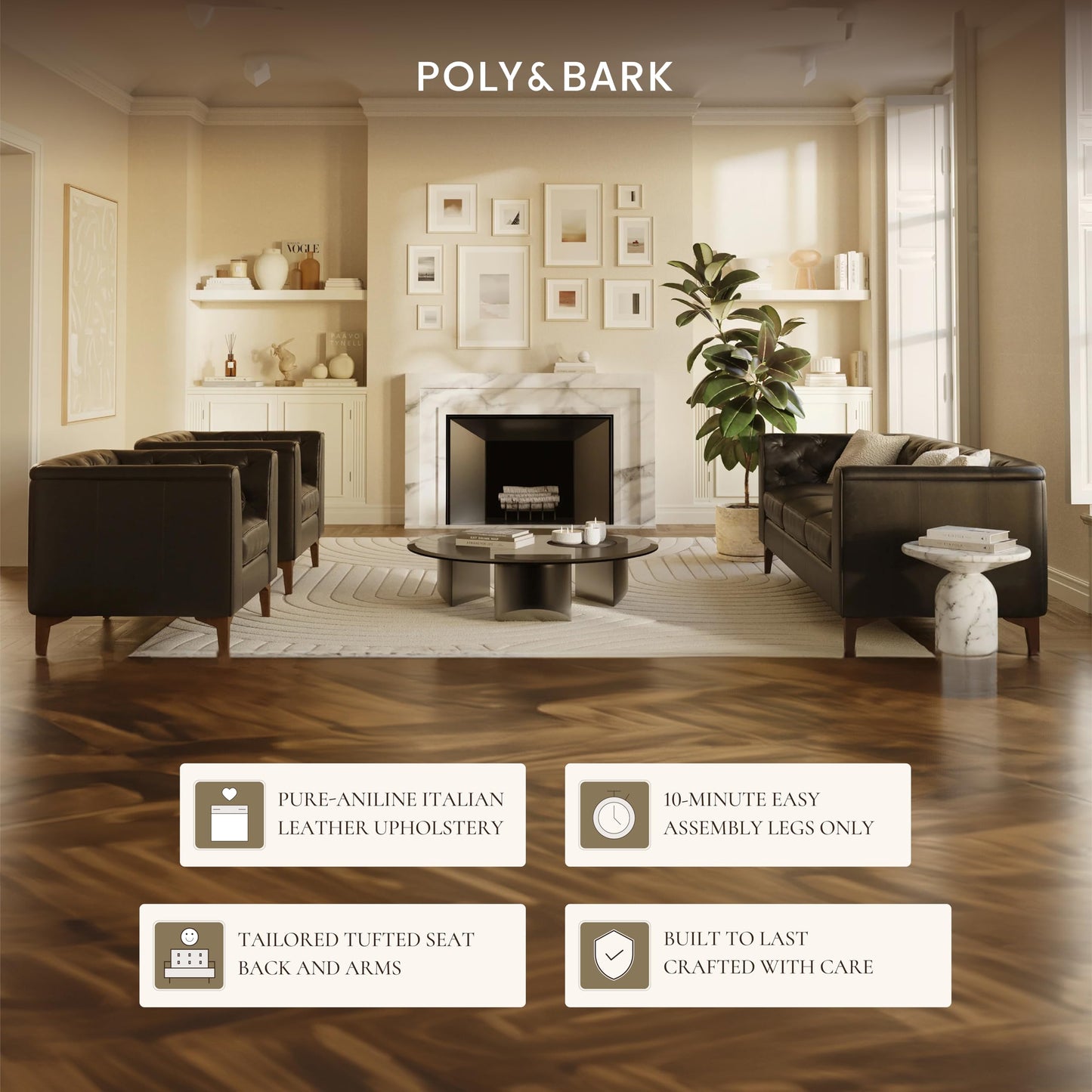 POLY & BARK Essex 89” Full-Grain Italian Leather Sofa – Tufted Back, Feather-Down Comfort, Solid Wood Frame, Onyx Black
