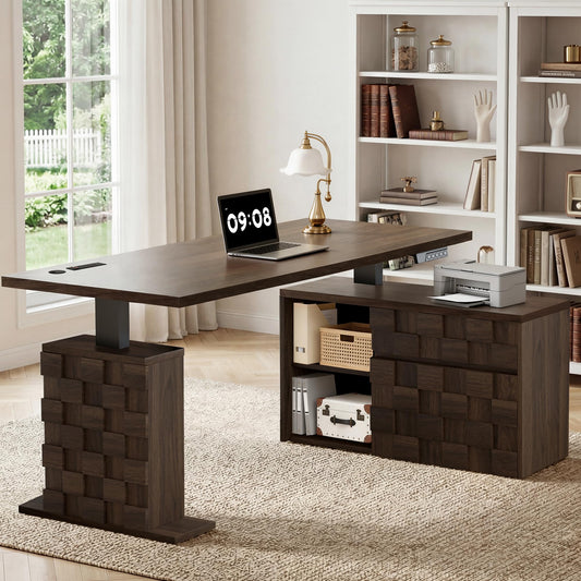 Homiflex 67" L Shaped Standing Desk with Drawers, Electric Height Adjustable Corner Desk, Sit Stand Office Desk with 4 AC Outlets & Type C Port, Executive Computer Desk with Cabinet, Brown