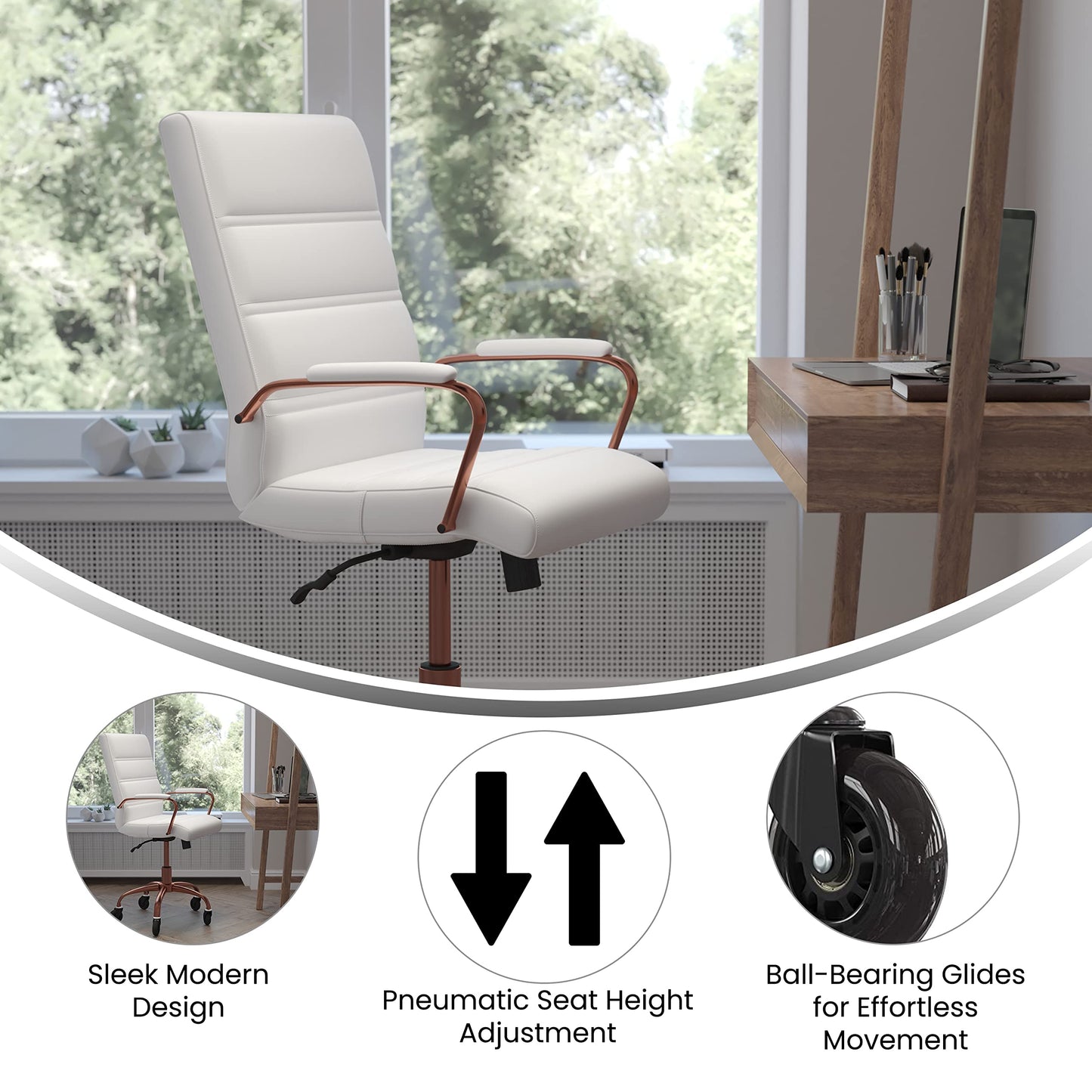 Flash Furniture Camilia Mid-Back White LeatherSoft Executive Swivel Office Chair with Rose Gold Frame, Arms, and Transparent Roller Wheels