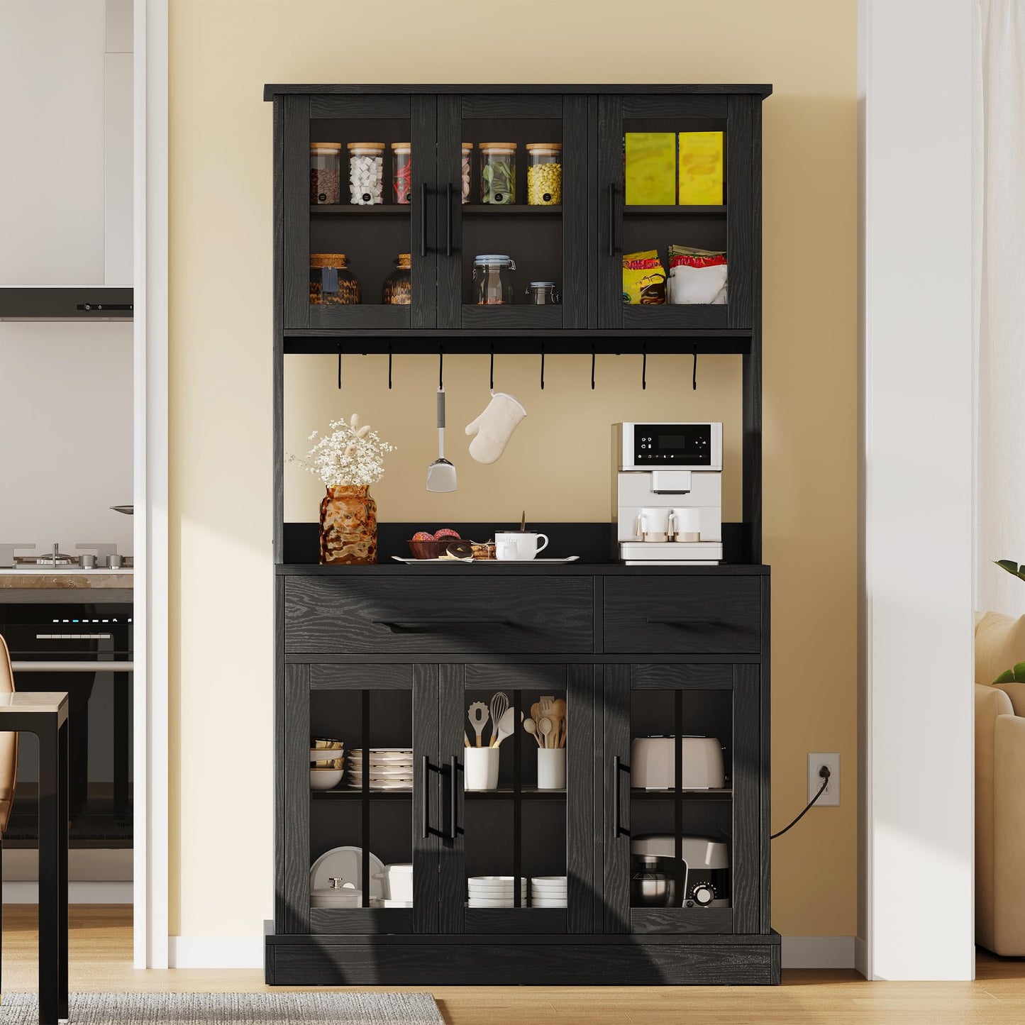 YITAHOME 71'' Kitchen Pantry Storage Cabinet with Microwave Stand, Tall Freestanding Hutch Cabinet with Power Outlet, Pantry Cabinets with Buffet Cupboard, Drawers and Acrylic Doors for Home, Black