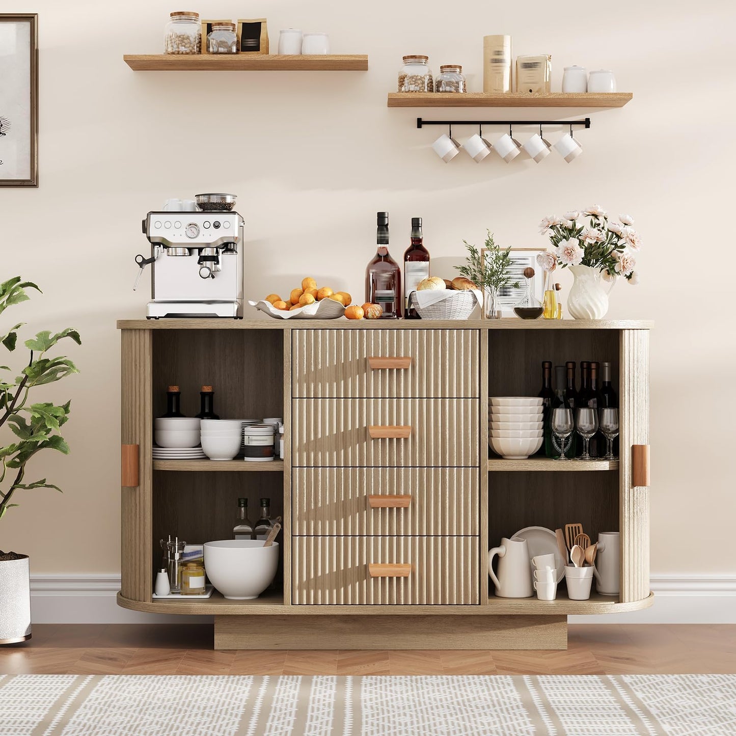 47" Fluted Sideboard Buffet Cabinet with 4 Drawers and 2 Arched Sliding Doors, Coffee Bar Storage Console Cabinet,Multi-Functional Coffee Bar Cabinet, Accent Table for Dining Living Room, Natural Oak