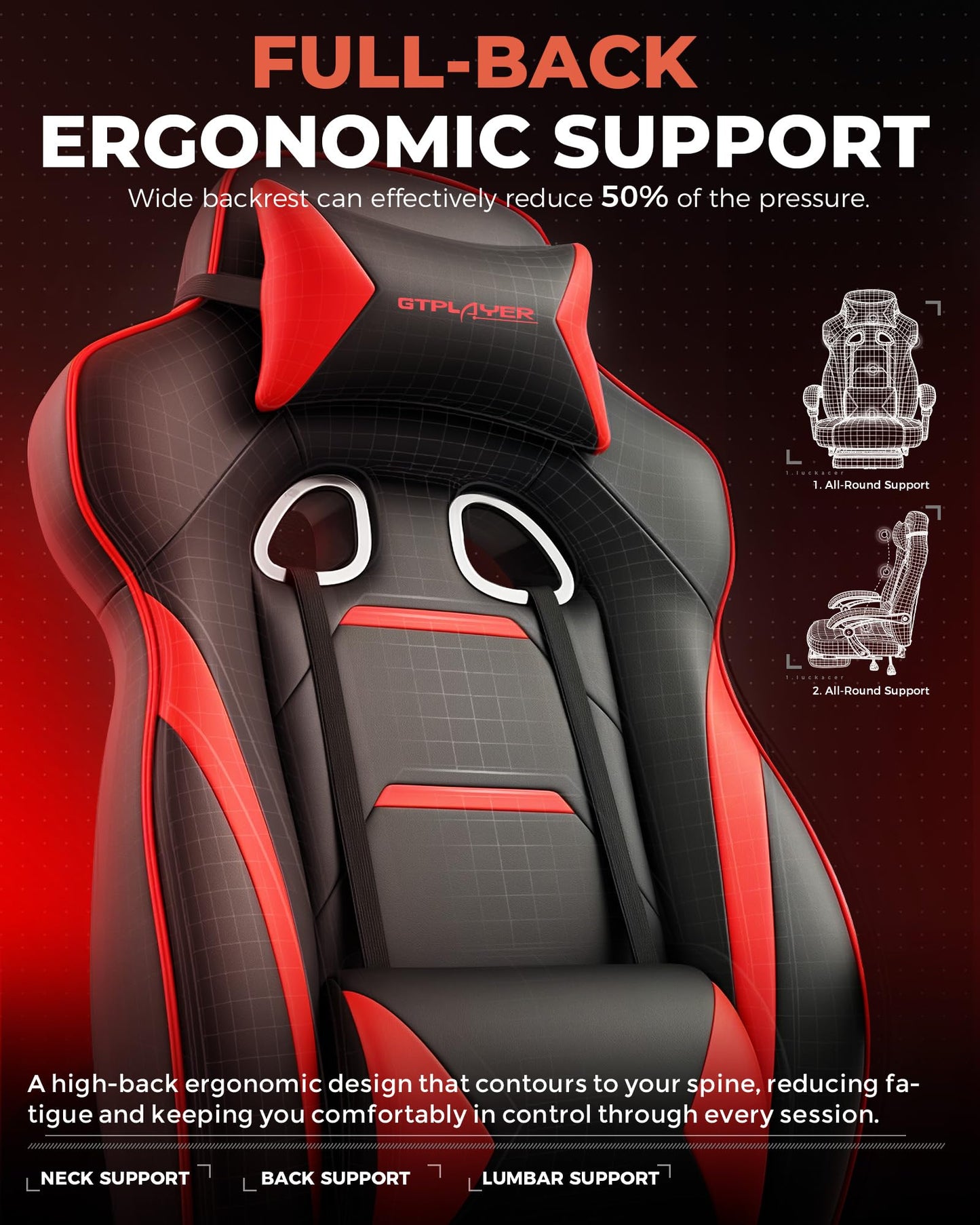 GTPLAYER Gaming Chair with Footrest, Big and Tall Game Chair 350lb Racing Style Computer Chair, Ergonomic Executive Office Chair High Back with Lumbar Support and Recliner, Red