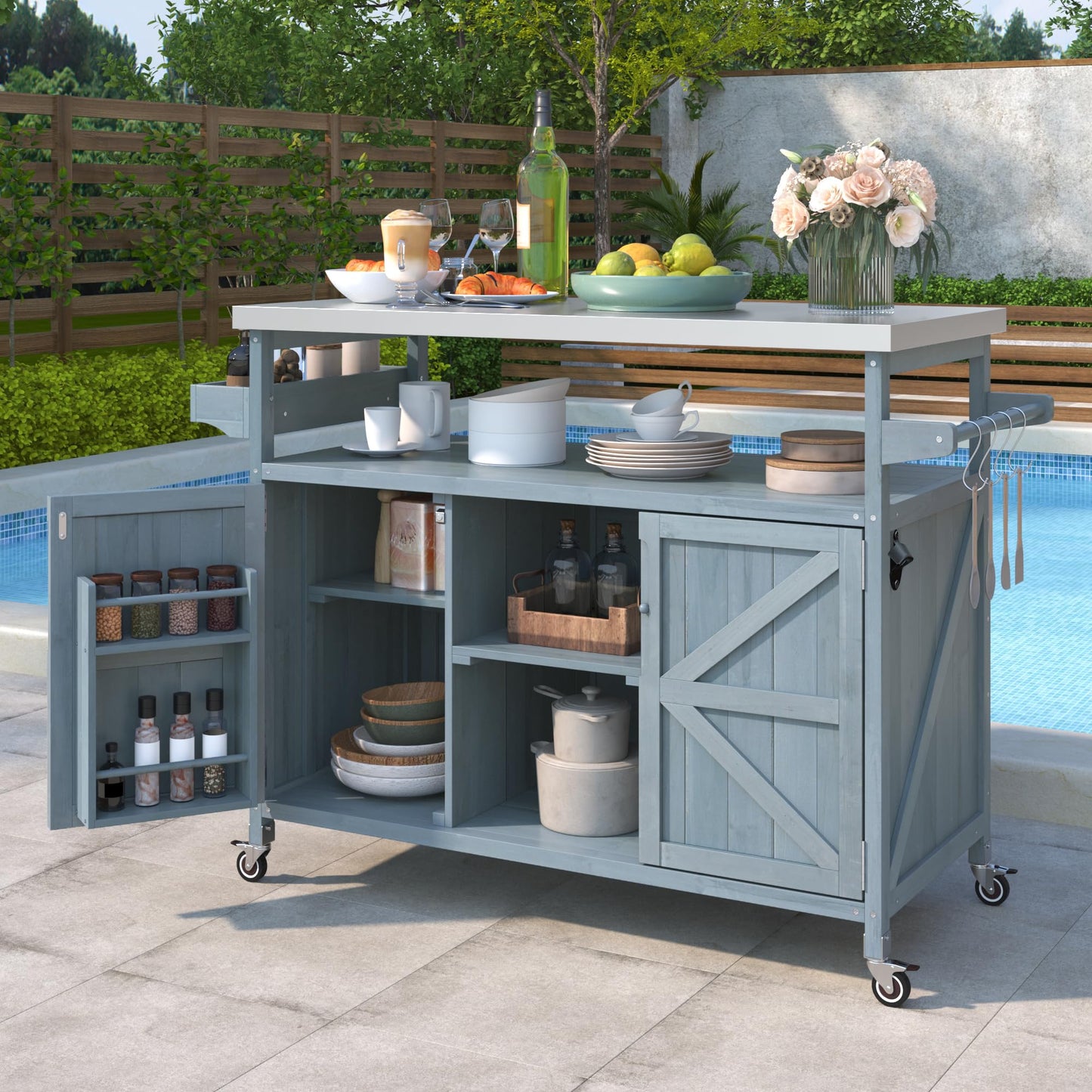 Ball & Cast Outdoor Kitchen Island,Rolling Bar Cart & Storage Cabinet,Farmhouse Solid Wood Outdoor Grill Table with Stainless Steel Top,Spice and Towel Rack,for Kitchen,Barbecue,Grey+Blue,50.25"