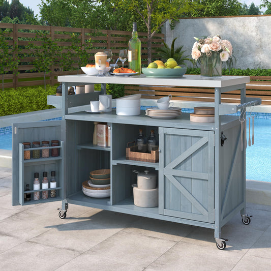 Ball & Cast Outdoor Kitchen Island,Rolling Bar Cart & Storage Cabinet,Farmhouse Solid Wood Outdoor Grill Table with Stainless Steel Top,Spice and Towel Rack,for Kitchen,Barbecue,Grey+Blue,50.25"