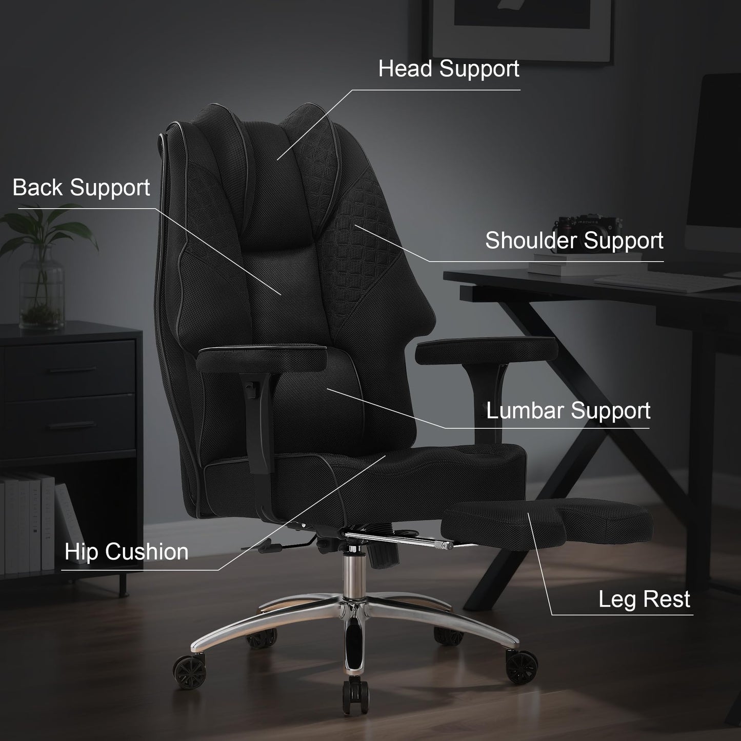 VECELO Big and Tall Office Chair 400lbs, Mesh High Back Computer Chair with Foot Rest, Ergonomic Desk Chair with Lumbar Support and Armrest, Black