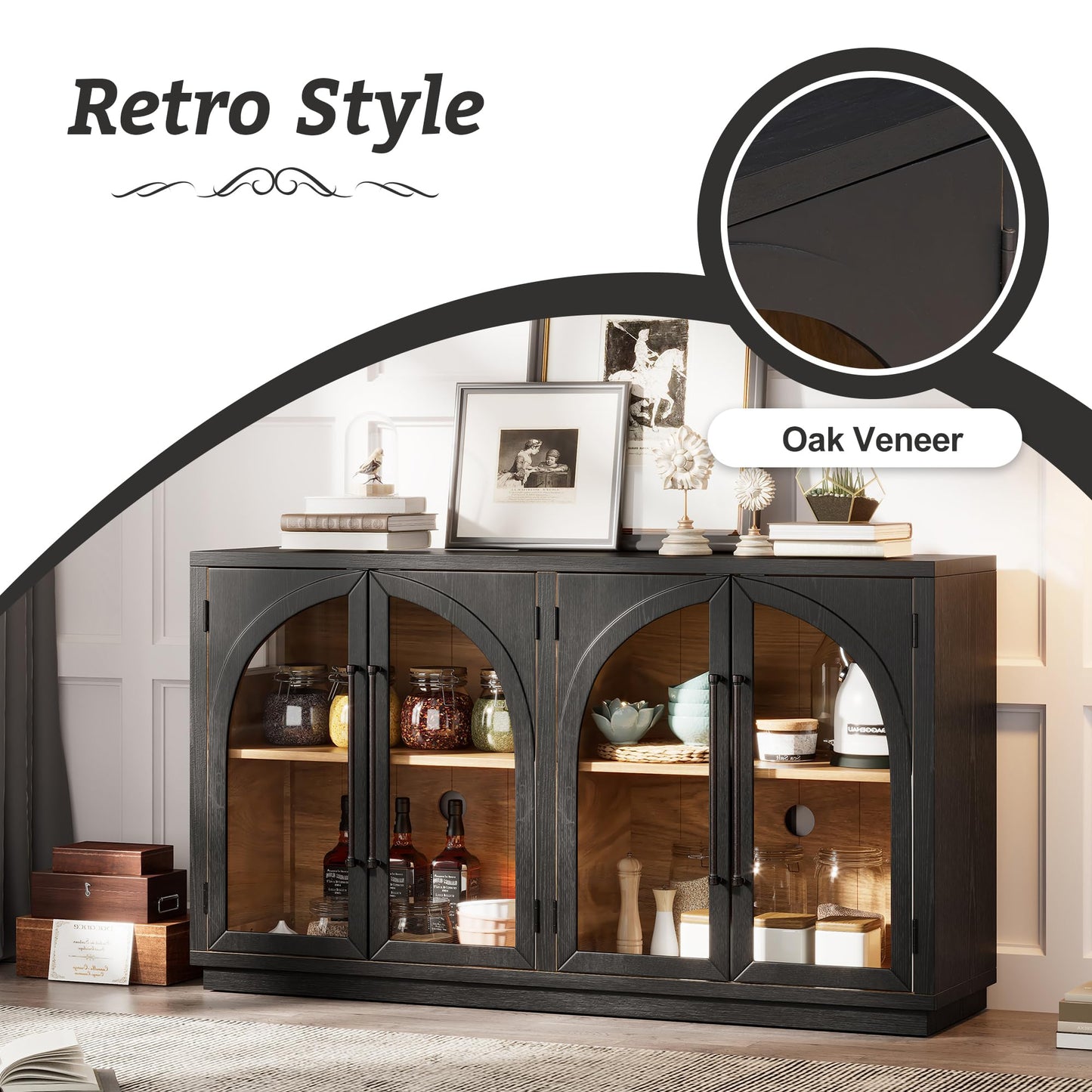 Merax Wood Farmhouse Buffet Sideboard with Adjustable Shelves and 4 Glass Doors, Coffee Bar Cabinet TV Stand for Living Room Bedroom Kitchen Black