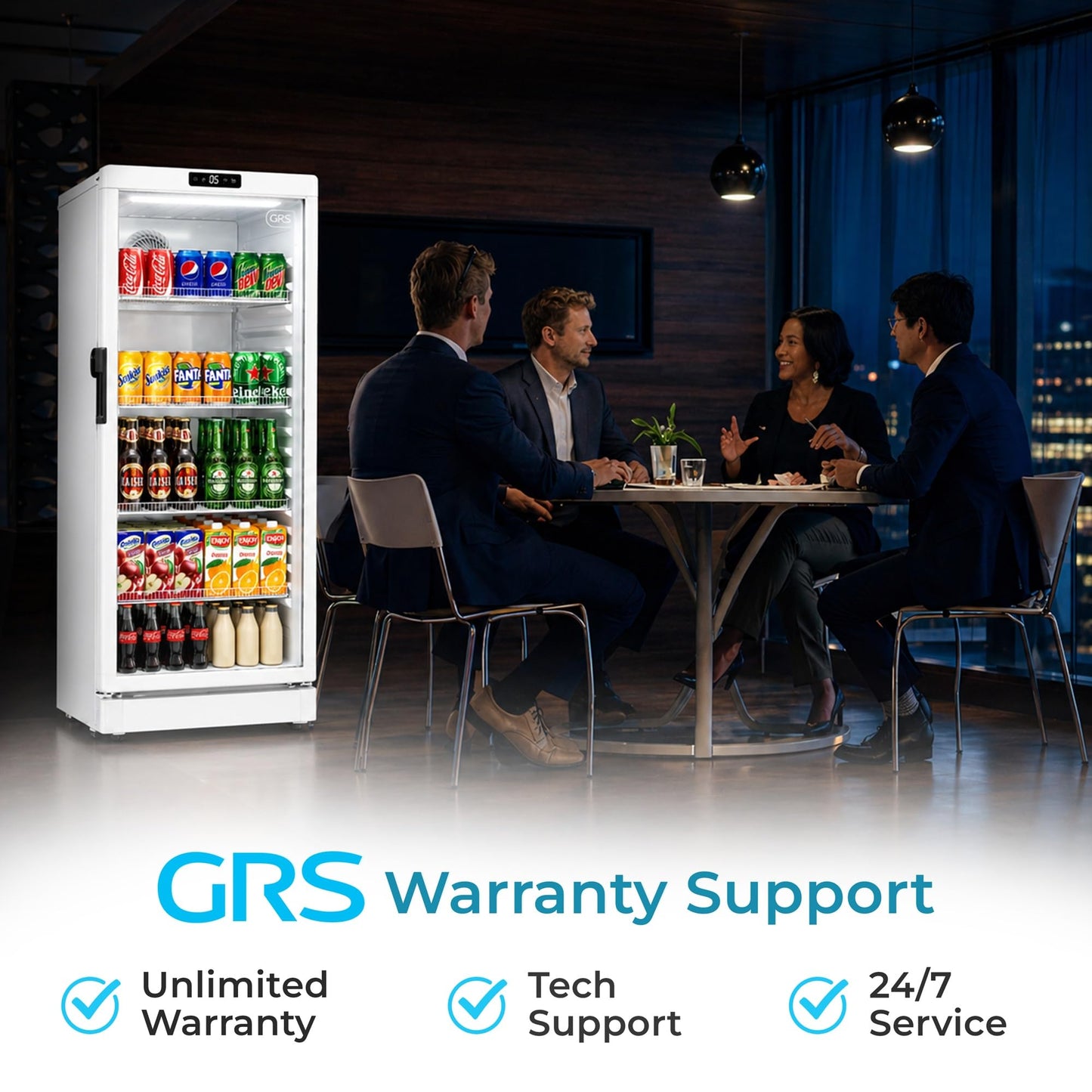 GRS Commercial Display Refrigerator with Glass Door Lock | Cool Air Flow & Temperature | Beverage fridge, Drink and Wine Cooler with Adjustable Display Shelf for Stores and Bars | Silver, 7.1 Cu. Ft