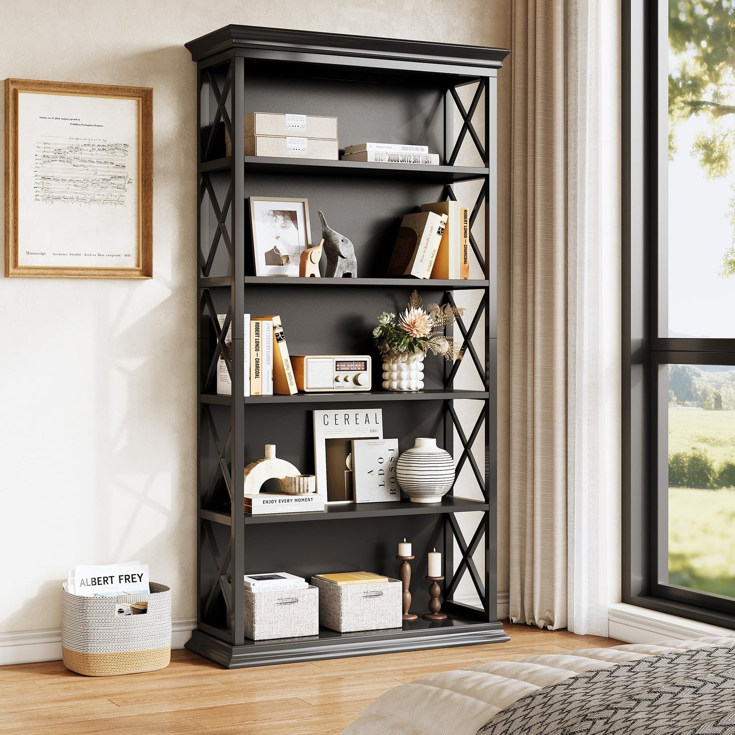 Little Tree 6-Tier Bookcase, 71 Inches Industrial Bookshelves, Floor Standing Display Storage Shelves Tall Bookcase for Home Office, Living Room, Bed Room