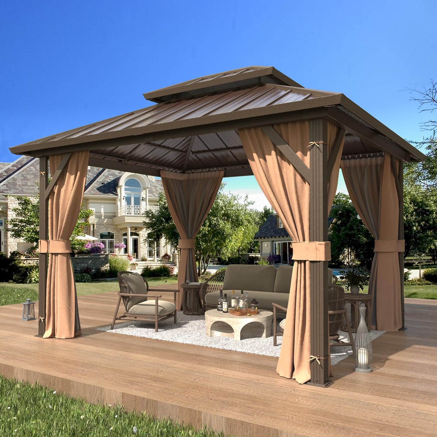EROMMY 10' x 12' Hardtop Gazebo, Aluminum Frame Gazebos with Galvanized Steel Double Roof, Permanent Outdoor Metal Pavilion with Curtain and Netting for Patio, Lawn, Deck