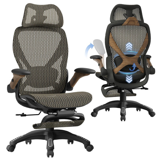 ELABEST X100 Ergonomic Office Chair with Footrest, Big and Tall Home Desk Chair with 5D Flip-Up Arms, Adjustable 3D Lumbar Support,High Back Rolling Computer Chair, Swivel Mesh Chairs (Coffee Break)