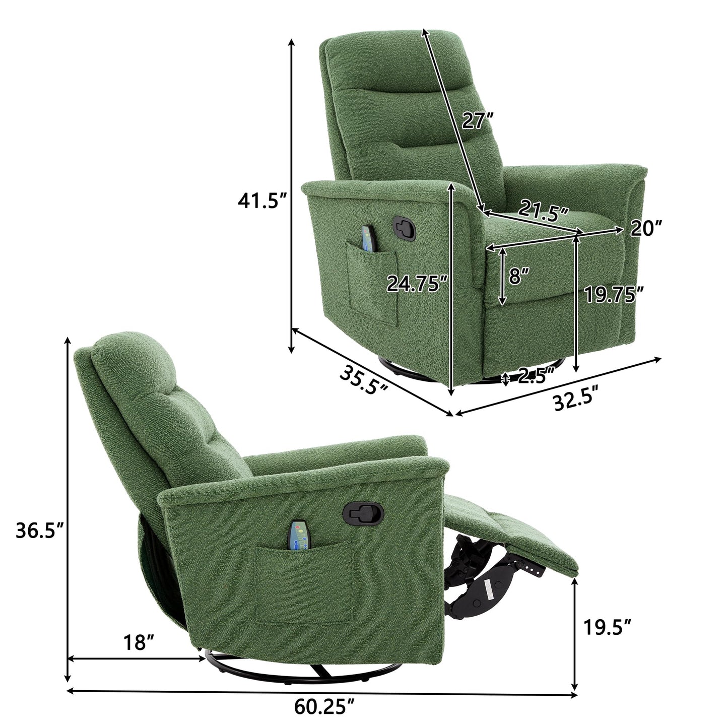 Christopher Knight Home Helen Massage Recliner Chair with 8 Points Function, Boucle Upholstered Recliner Sofa with Two Adjustable Positions, Swivel Massage Chair with a Side Storage Pocket, Green