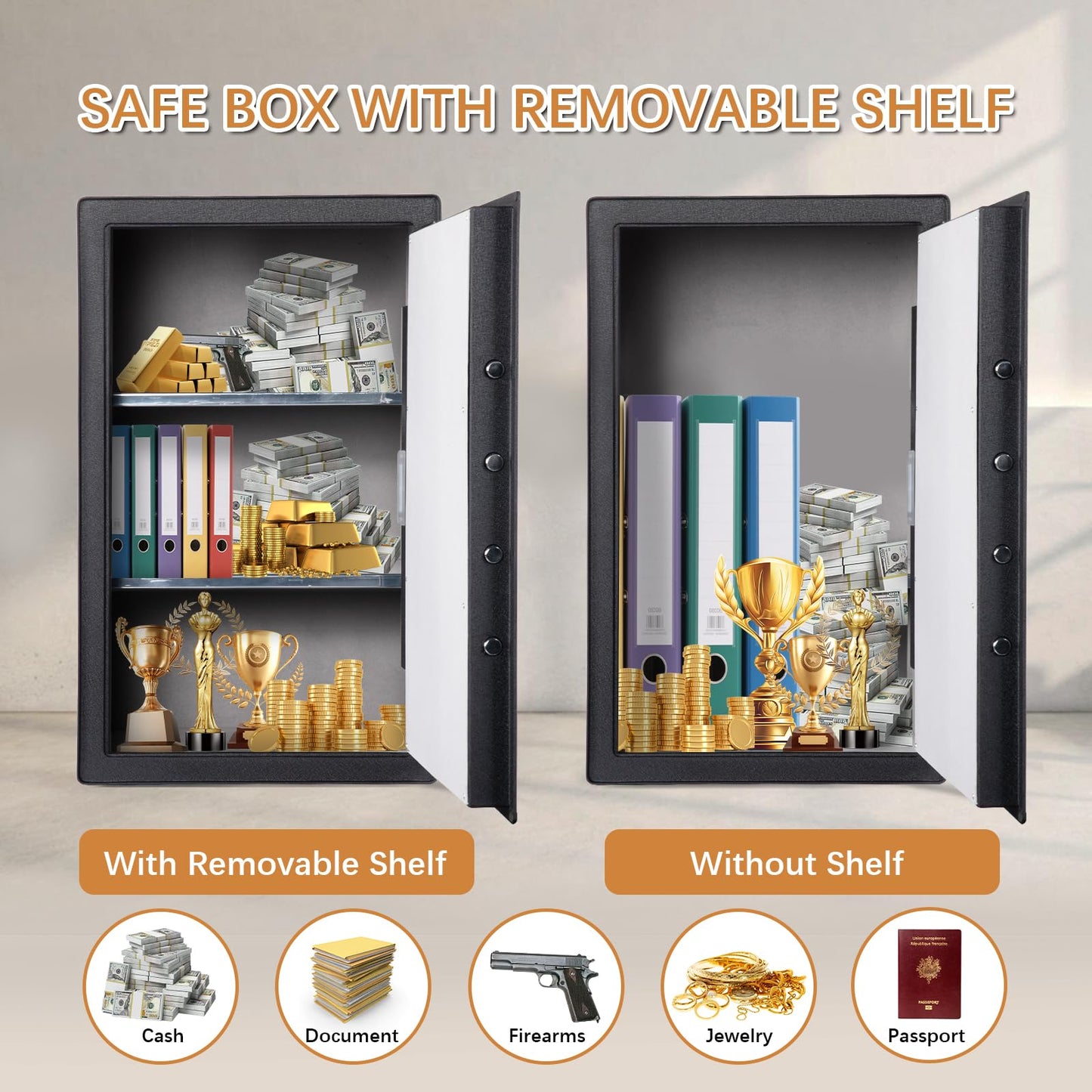 4.7 Cu.Ft Large Home Safe,with Fireproof Waterproof Bag, Heavy Duty Fingerprint Security Safe, Built-In Drawer and Removable Shelf for Storing Valuables