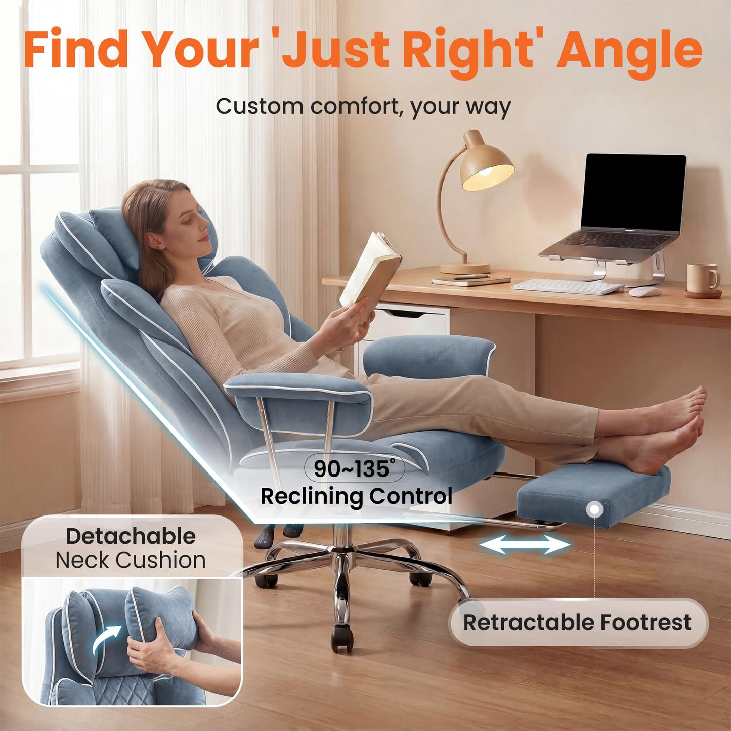 NEO Chair Big and Tall Offie Chair Gaming Computer Chair High Back Heavy Duty Desk Chai with Lumbar Support Adjustable Recliner Footrest Wide Seat Fabric Executive Home with Wheels (Fabric Blue)