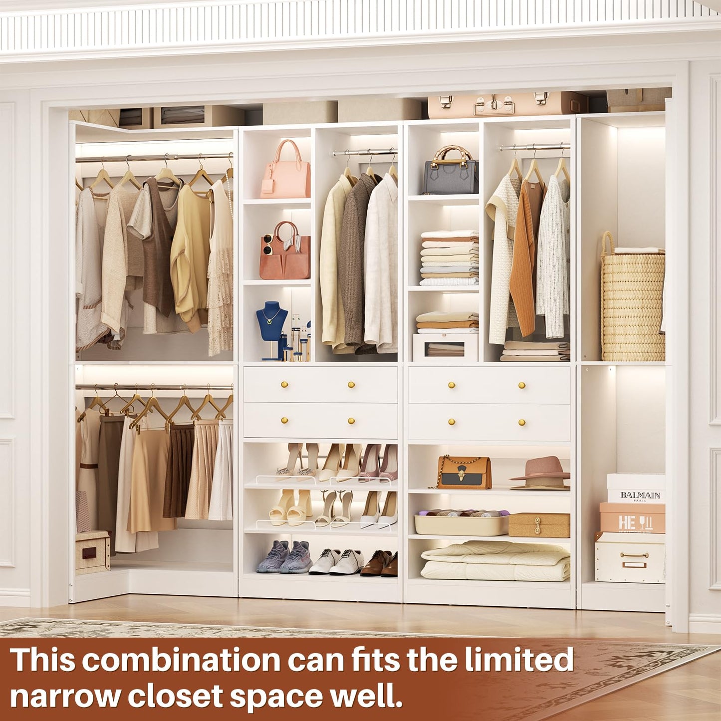 Besiost Closet System with 4 Drawers & Corner Tower, Closet Organizer System with 4 Hanging Robs, Reversible U Shaped Walk-in Closet System, Load 2600+LBS Capacity, Set of 4, White