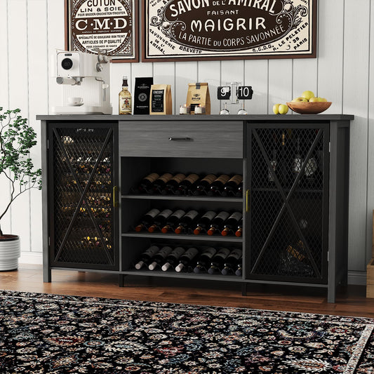 GarveeHome 71'' Wine Bar Cabinet, Modern Buffet Cabinet with Storage Drawer and Adjustable Shelf, Industrial Coffee Bar Table with Wine Racks for Kitchen, Dining Room, Living Room, Black