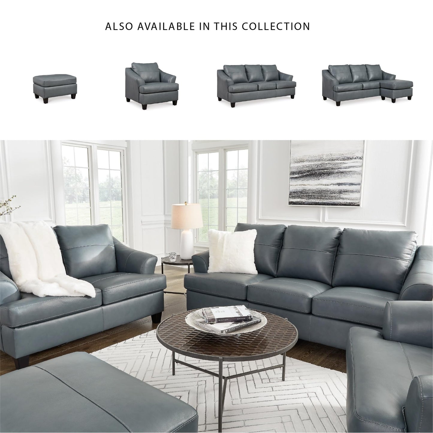 Signature Design by Ashley Genoa Modern Leather Sectional Sofa Couch with Chaise Lounge, Blue