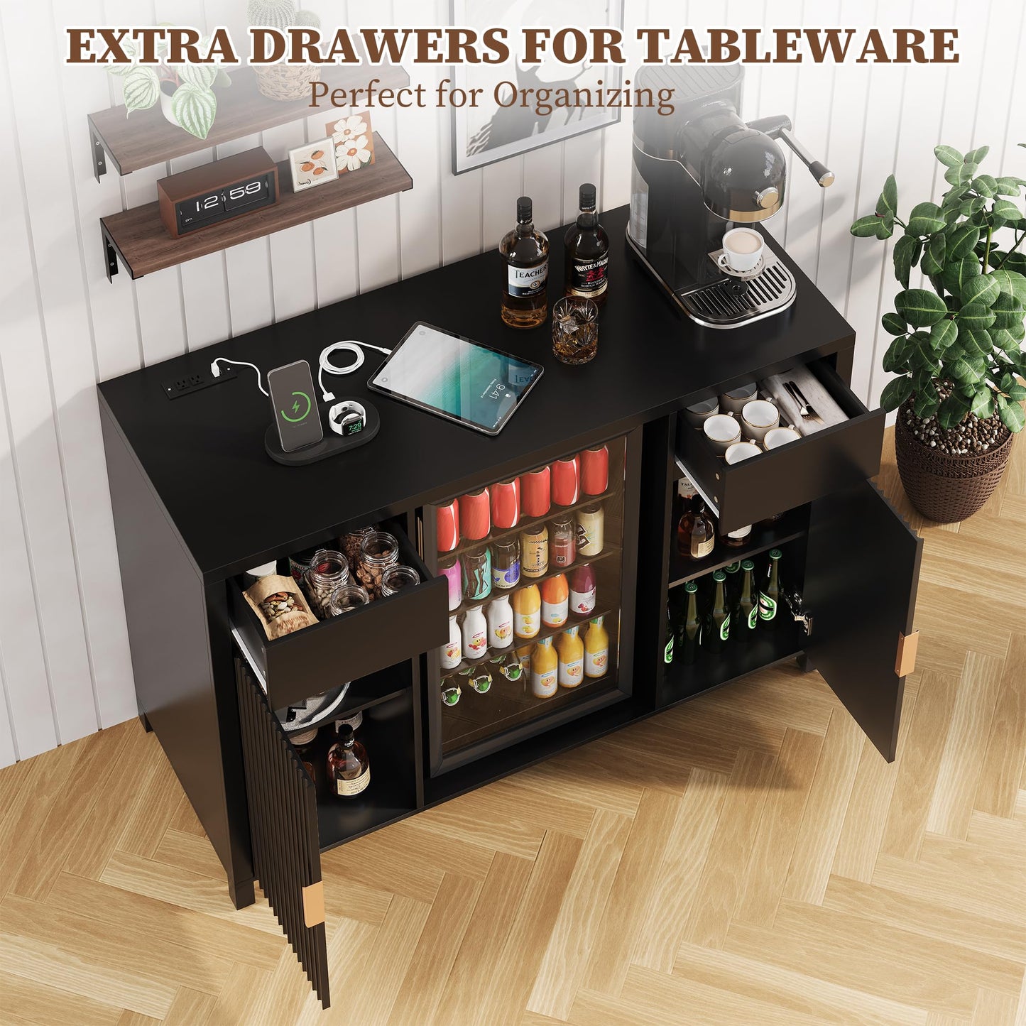 Garvee 53" Coffee Bar Cabinet with Fridge Space & Charging Station, Mini Fridge Cabinet with Wine Rack, Large Buffet Sideboard Table, Fluted Liquor Cabinet for Living Room, Dining Room, Kitchen, Black
