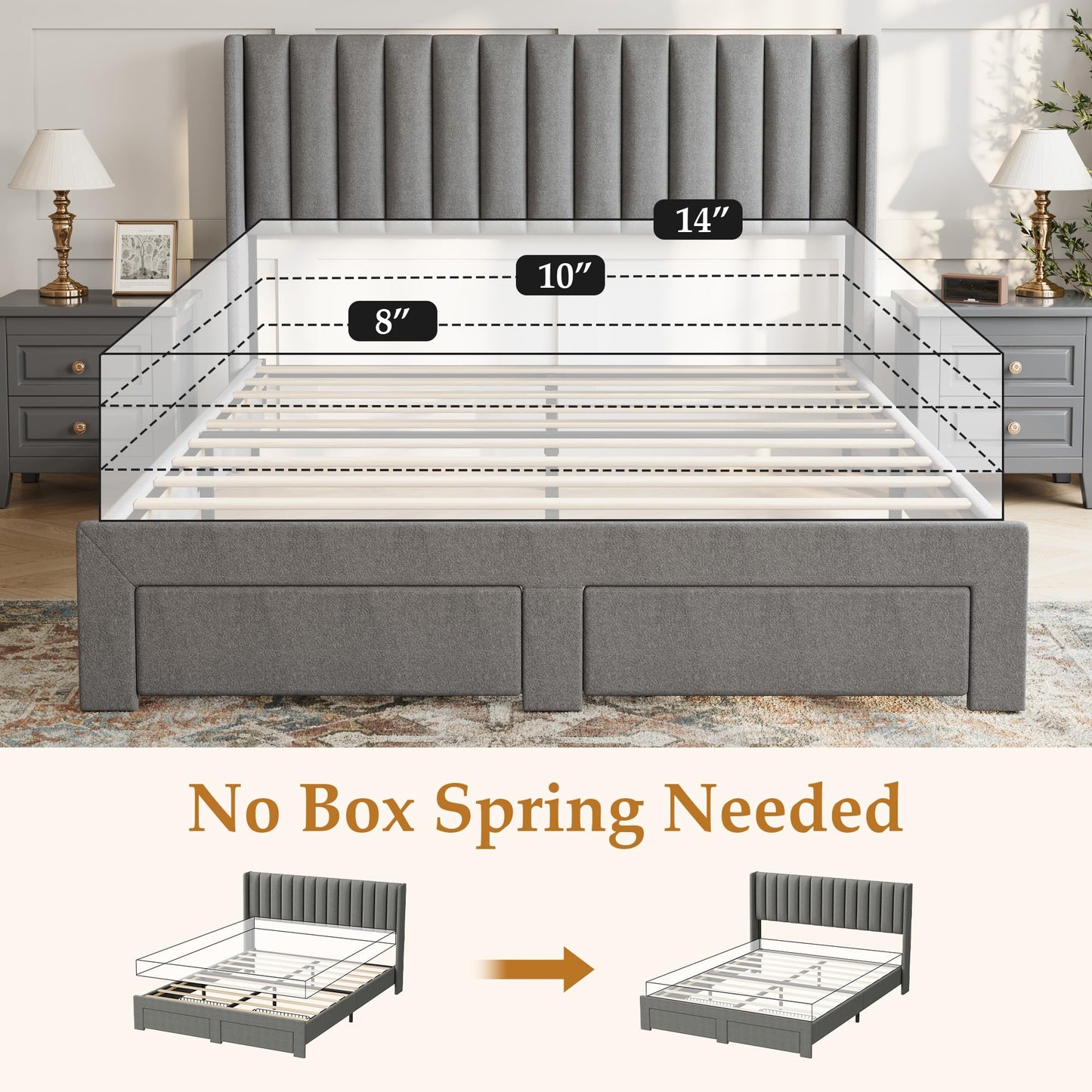 GarveeHome Queen Size Bed Frame, Bed Frame Upholstered Platform Bed with Velvet Headboard, Wing Edge Design, 2 Storage Drawers, No Box Spring Needed, Grey