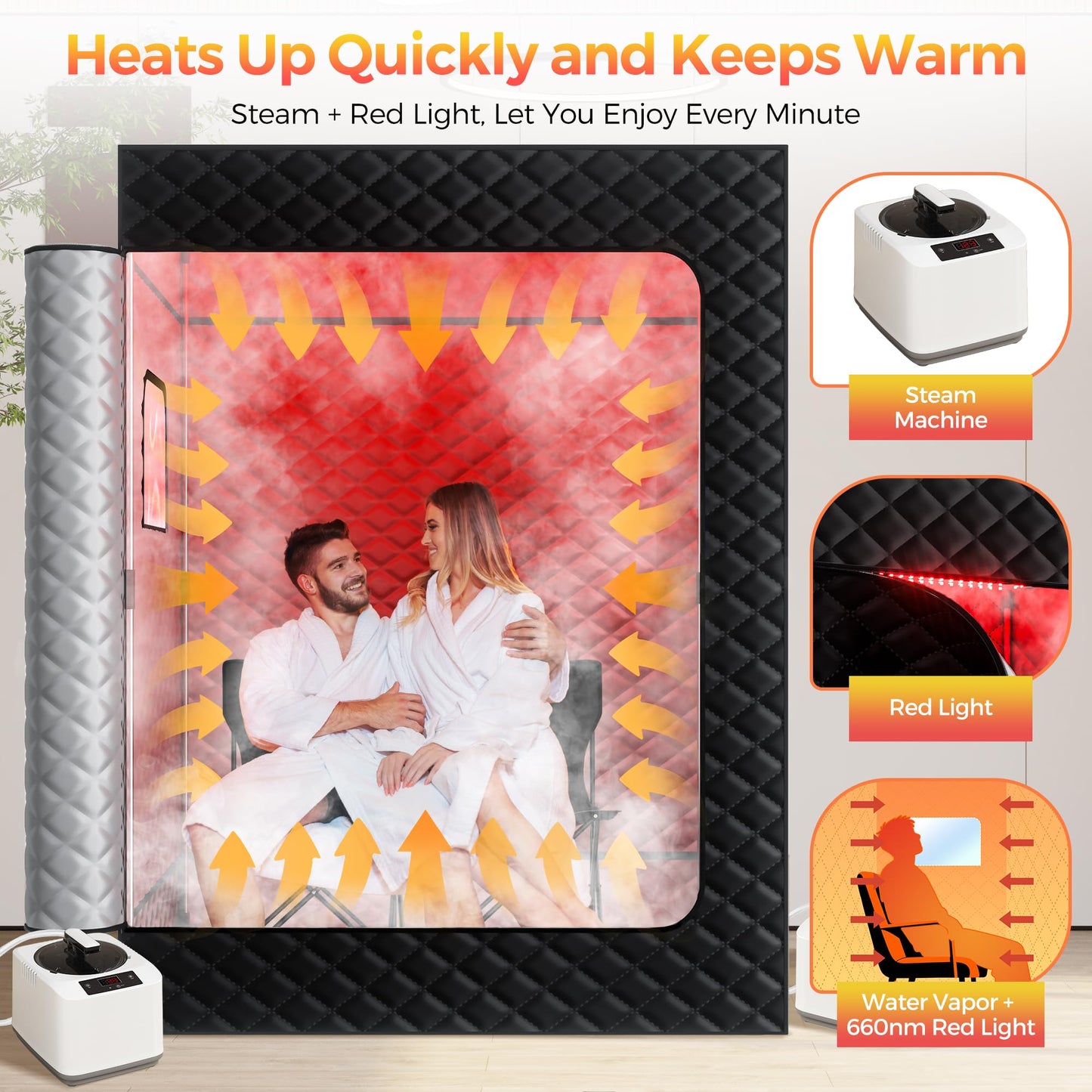 KASUE Upgraded 2 Person Sauna Box, Portable Infrared Sauna with 5-Layer Waterproof, 2 Steamers, 2 Folding Chair, 71”x 36”x 49” for Indoor, Outdoor, Gym, Spa, Carbon Black