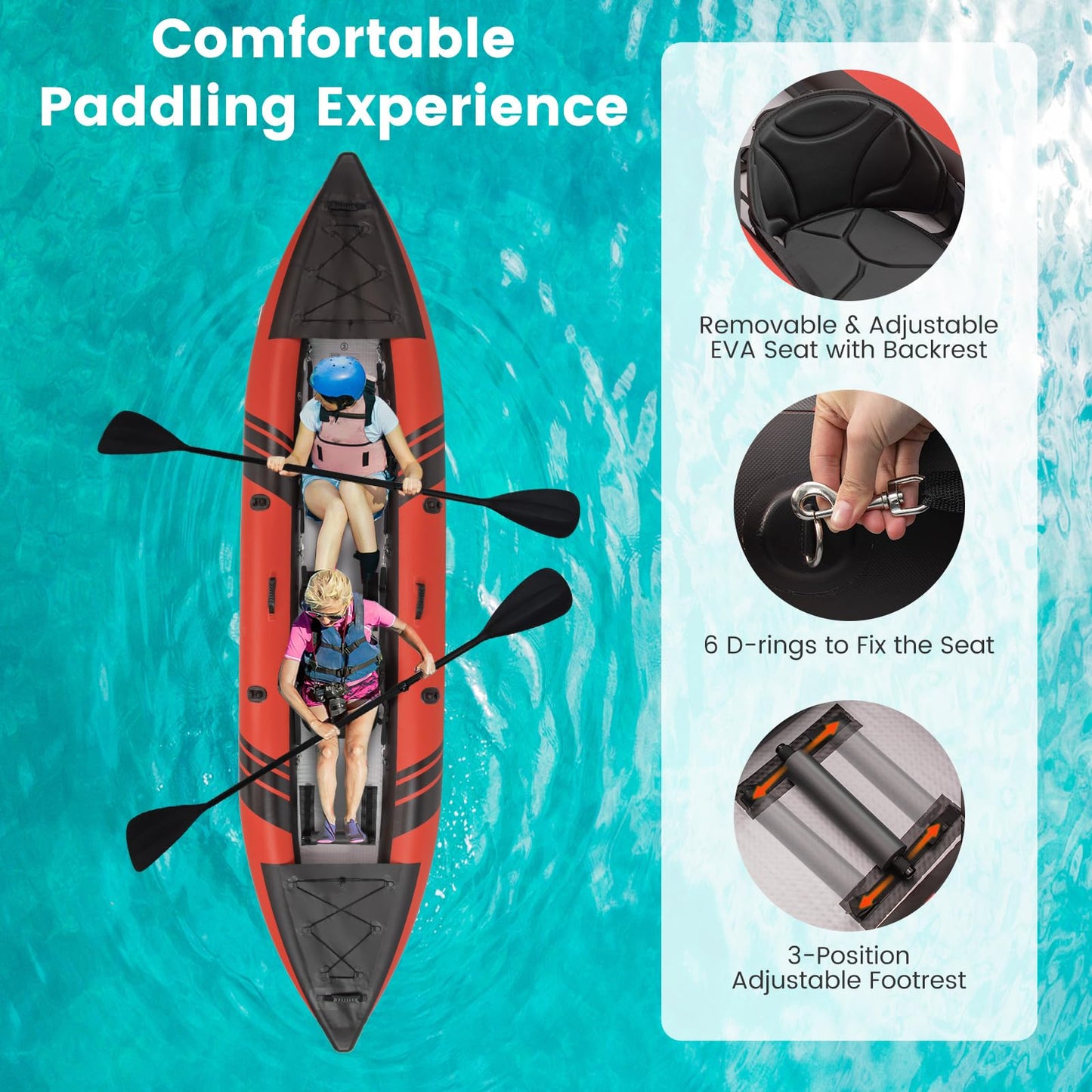 GYMAX Inflatable Kayak, 12.5Ft 507lbs Tandem Kayak with 2 Aluminum Paddles, 2 Padded Seats, Footrests, 2 Fins, Hand Pump, Carry Bag & Repair Kit, 2 Person Fishing Touring Kayak for Adults Youth (Red)