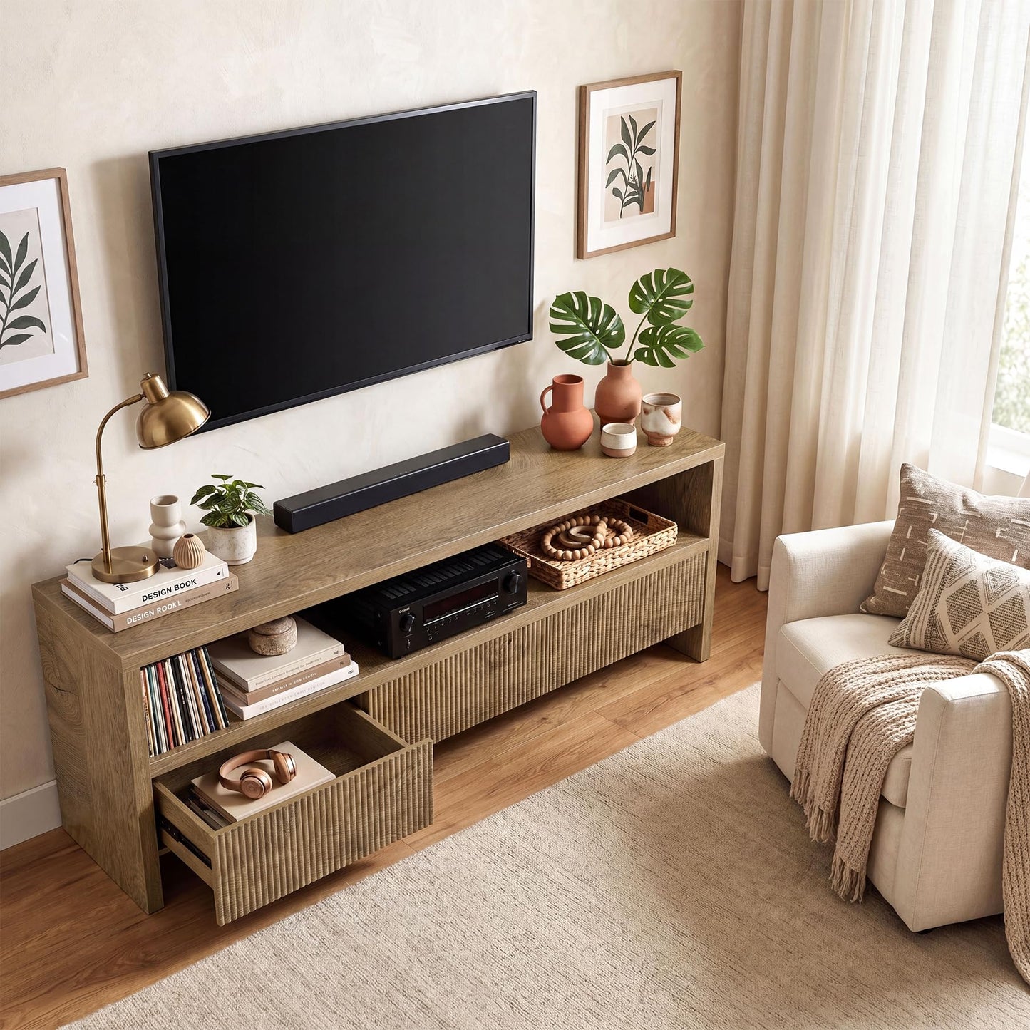 Tribesigns 63" TV Stand with 3 Drawers, 2-Tier Entertainment Center for TVs up to 75", Farmhouse Media Cabinet, Wooden Console with Storage, Television Stands for Living Room, Bedroom, Brown
