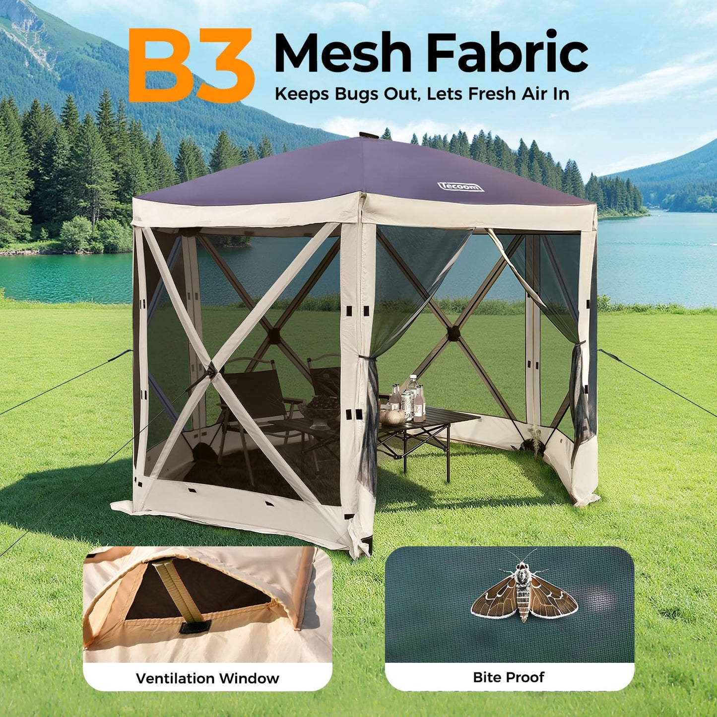 Tecoom 10x10ft 6-Side Pop Up Gazebo Tent, Waterproof Instant Screen with Mosquito Netting, Portable Outdoor Canopy with 4 Removable Wind Cloths, Sun Shelter for Camping, Garden and Picnics, Khaki