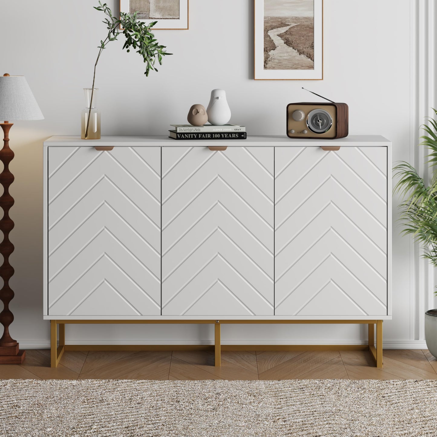 Garvee 47 in Modern Sideboard Buffet Cabinet with Storage, Wood Accent Storage Cabinet with Herringbone Doors & Shelf, Credenza Console Table for Dining Room Living Room Entryway, White