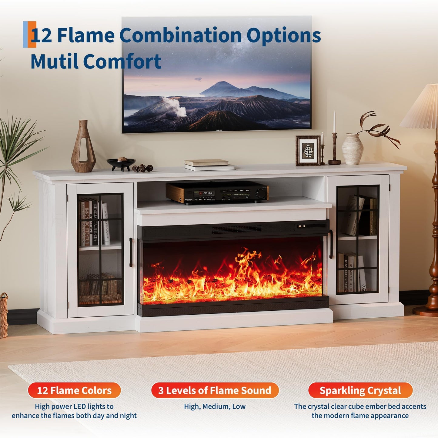 Fireplace TV Stand with 3-Sided Glass, Adjustable LED Flame, Glass Doors & Storage Shelves, Modern Farmhouse Entertainment Center for TVs Up to 85", Electric Fireplace Console Table for Living Room