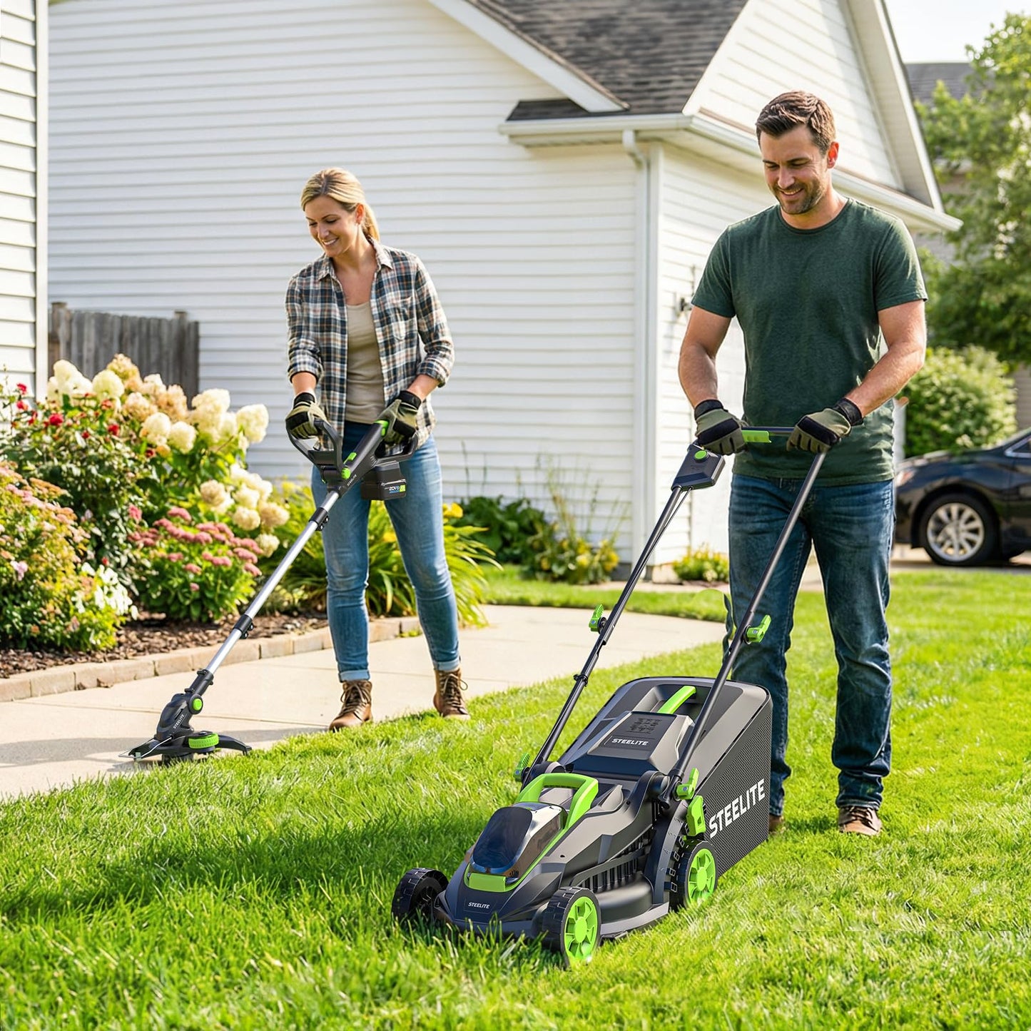 STEELITE 20V Cordless Lawn Mower & String Trimmer Combo, 13" Electric Lawn Mower & 12" 2-in-1 Trimmer Edger Set, 4.0Ah + 2.0Ah Batteries, Charger & 5 Spools, Lightweight Lawn Care Kit for Small Yard
