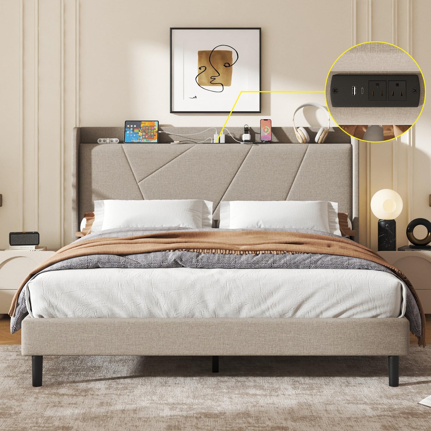 King Size Linen Bed Frame, Storage Headboard with Charging Station, Upholstered Platform Bed with Wooden Slats Support, Solid and Stable, Noise Free, No Box Spring Needed, Easy Assembly, Beige