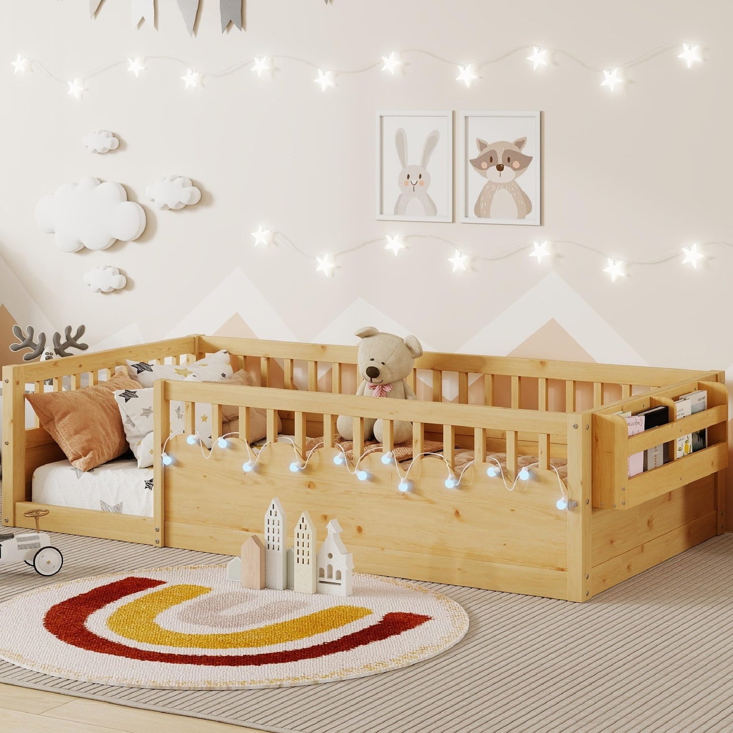 KEIKI Full Size Floor Bed w/Light & Storage, Wood Montessori Platform Bed Frame w/Safety Rails, Space Saving Kids Beds for Boys Girls Bedroom Playing Room, Easy Assembly Bedframe, Noise Free, Brown