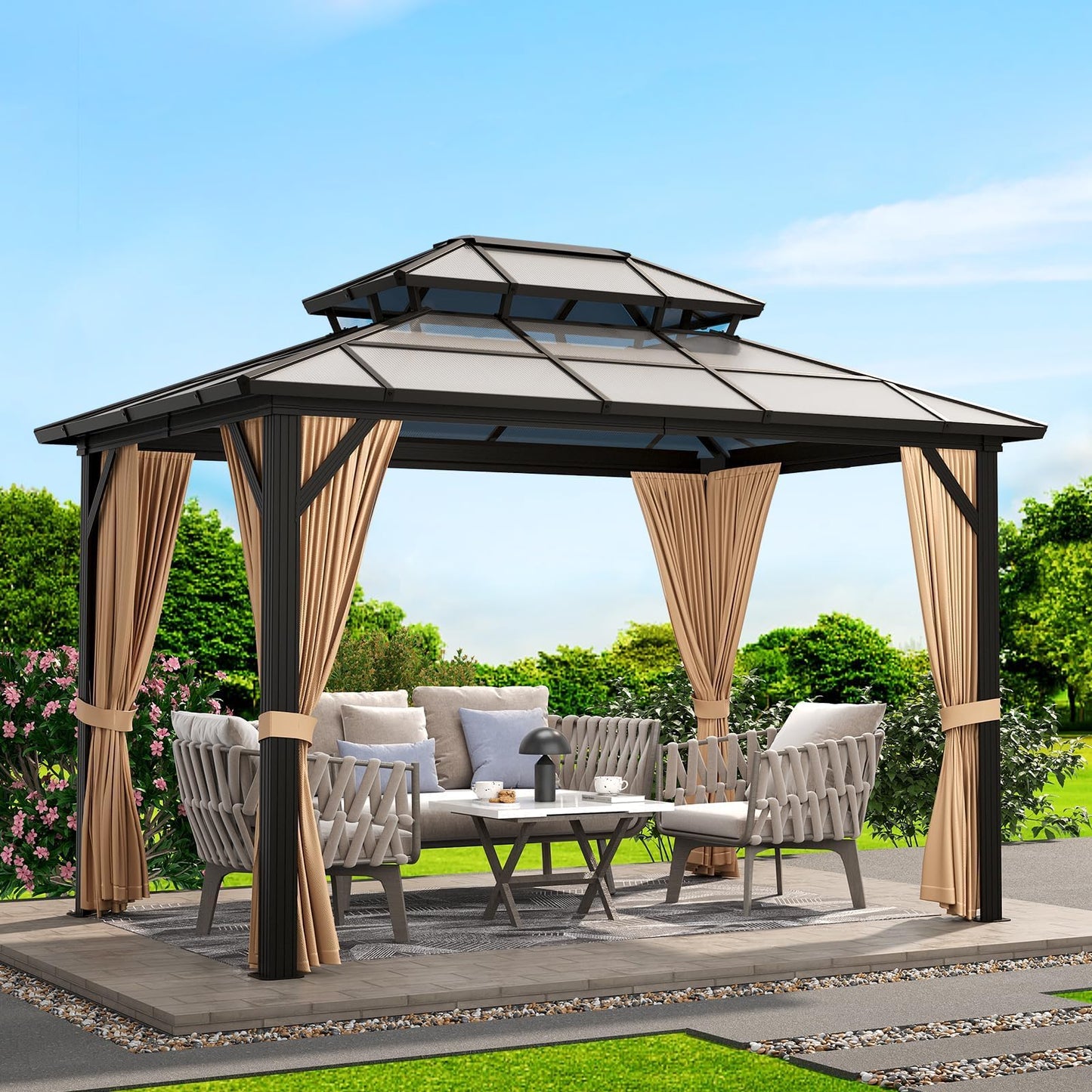 Hetoy 10'x13' Gazebo Hardtop Gazebo, Heavy Duty Aluminum Frame Permanent Pavilion with Curtains and Netting, Outdoor Polycarbonate Double Roof Canopy, Outdoor Pavilion for Patio, Garden, Lawn