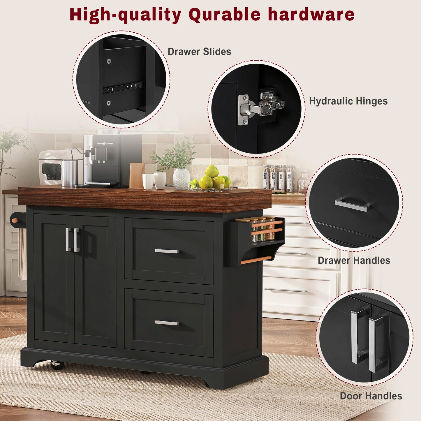 Trygoal 53.2" Rolling Kitchen Island with Storage, 3.5" Thick Countertop, Spice Rack, Towel Rack, Drawer & Cabinet - Mobile Kitchen Cart on Wheels for Kitchen, Dining Room, Black