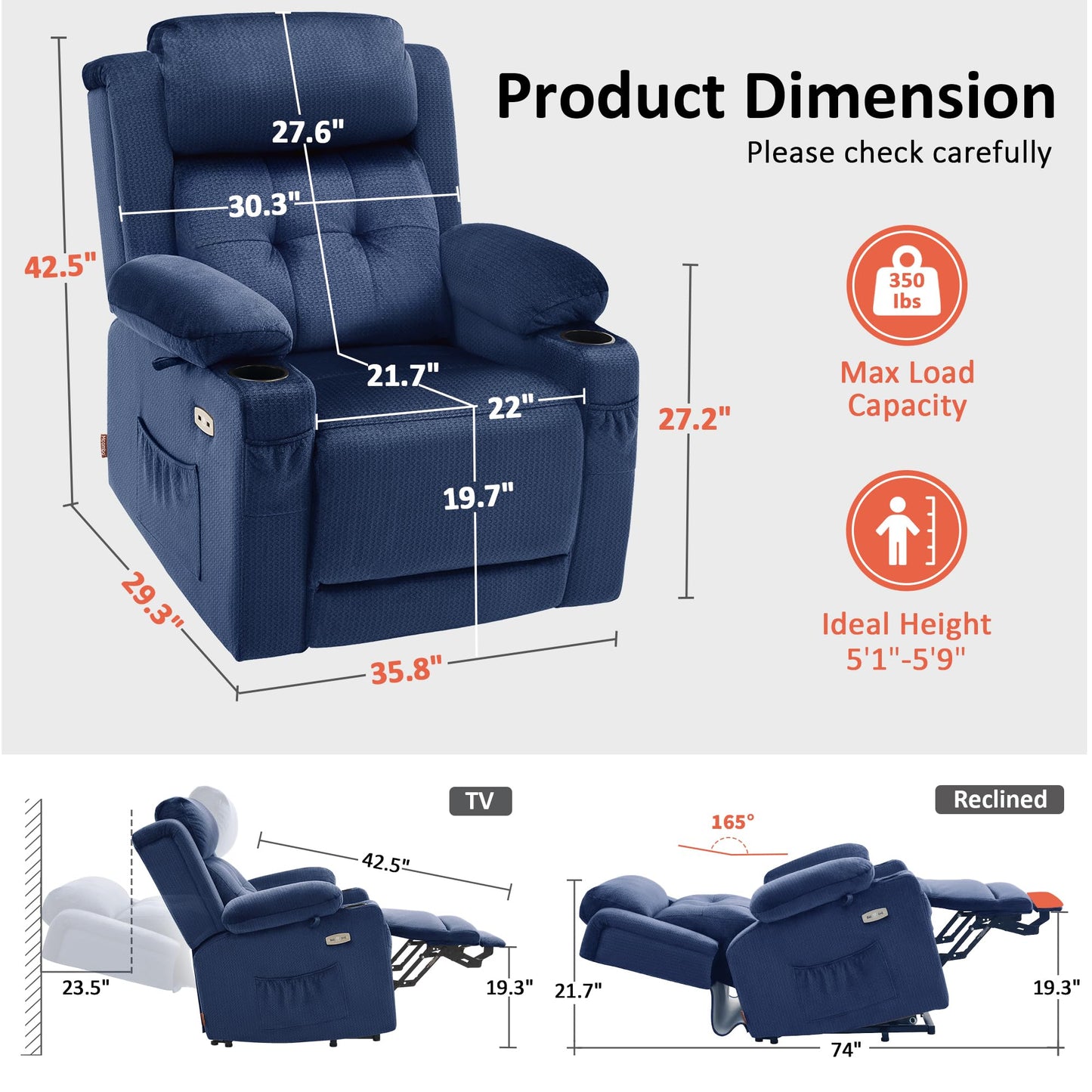 MCombo Triple Motor Power Lift Recliner with Massage and Heat, Electric Recliner Chair for Elderly People, Adjustable Headrest, Infinite Position, Cup Holders,USB Ports, Fabric 7661(Navy Blue, Medium)