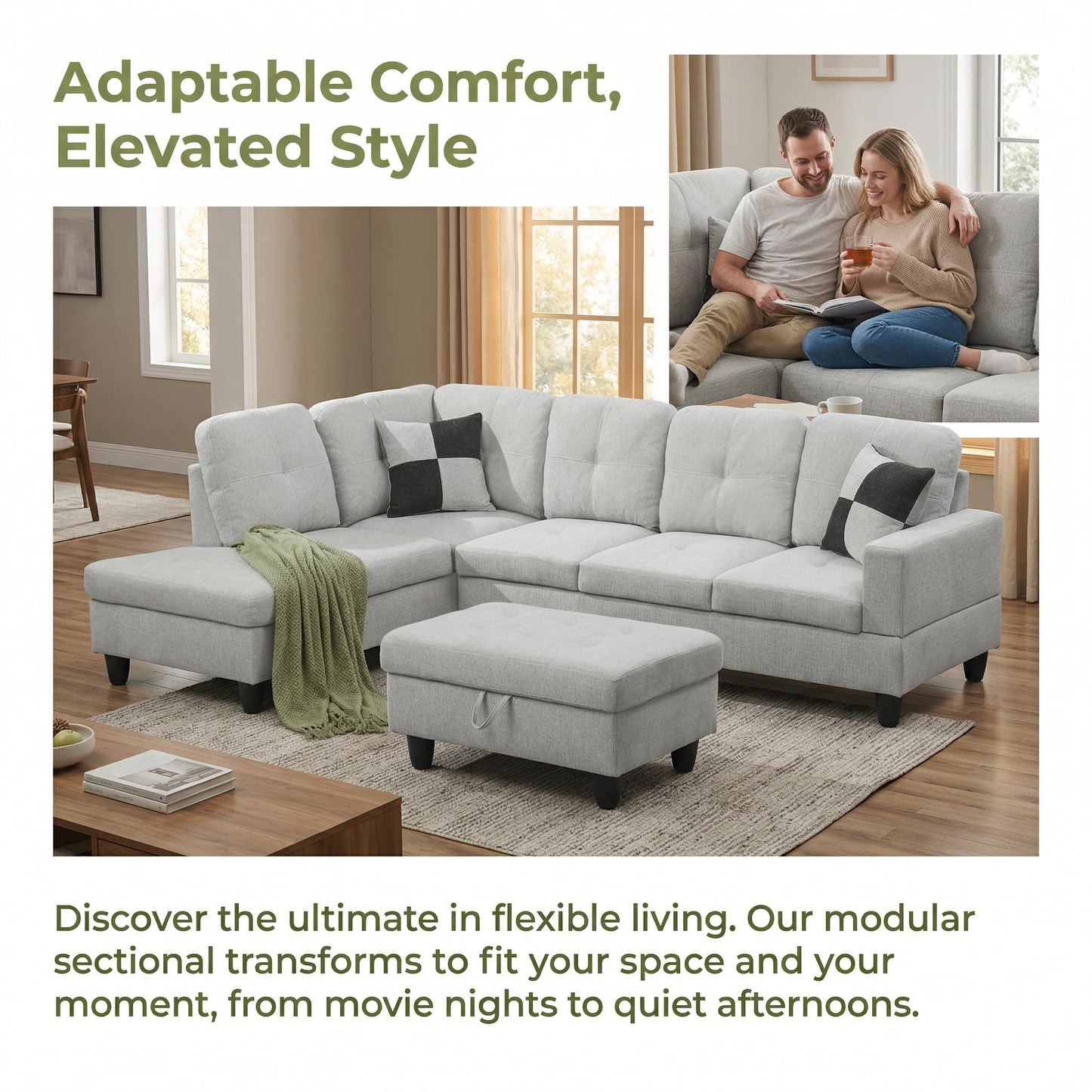 NicBex Sectional Couch 3 Pieces Sofa Set, L-Shaped Modular Couches for Living Room, Furniture Sets with Lounge Chaise & Storage Ottoman, Multi-Scene Use for Apartment & Office, Light Gray