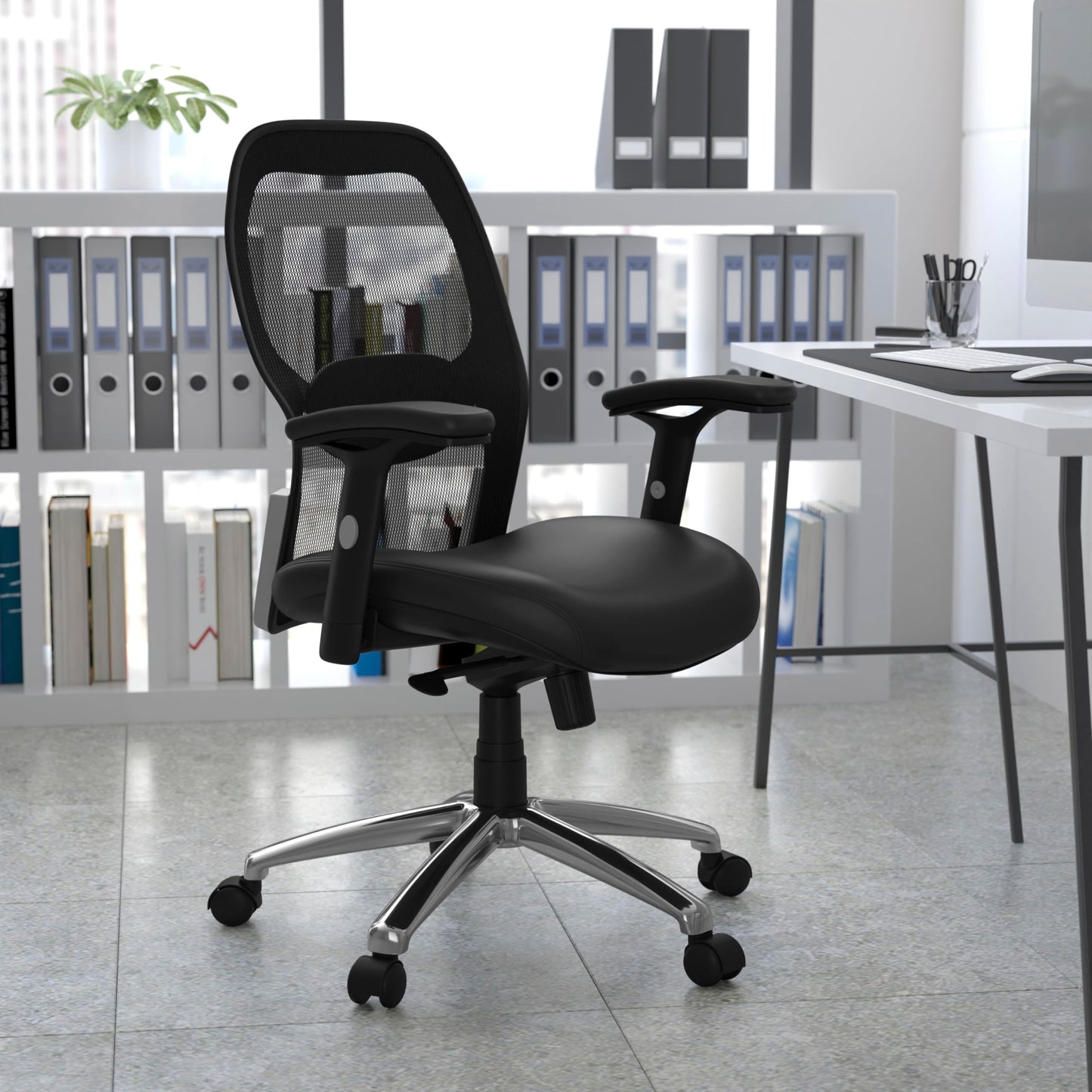 Flash Furniture Albert Mid-Back Black Super Mesh Executive Swivel Office Chair with LeatherSoft Seat, Knee Tilt Control and Adjustable Lumbar & Arms