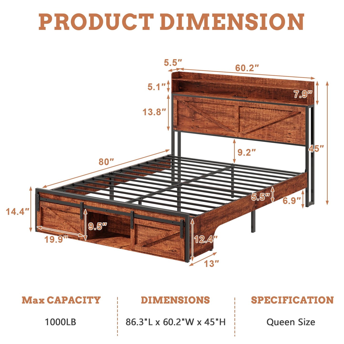 KEIKI Queen Size Bed Frame with Storage Headboard, Wood Platform Bed with Charging Station & Footboard Drawers, Sturdy Metal Slats, Noise-Free, No Box Spring Needed, Brown
