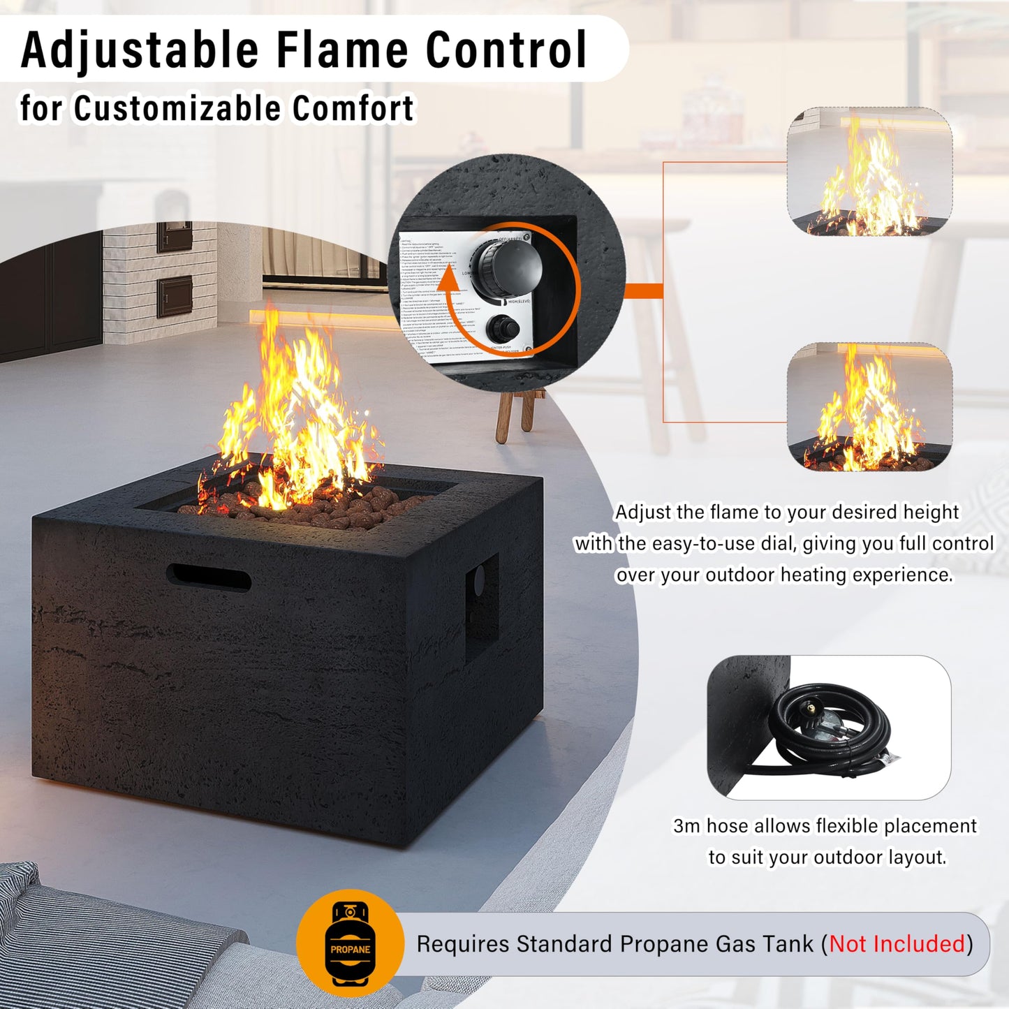 GDFStudio MgO Lightweight Square Propane Fire Pit Table, 40000 BTU Outdoor Propane Fire Pit with Steel Burner, Adjustable Flame Control, Lava Rocks & Rain Cover, Patio Backyard Deck Poolside, Black