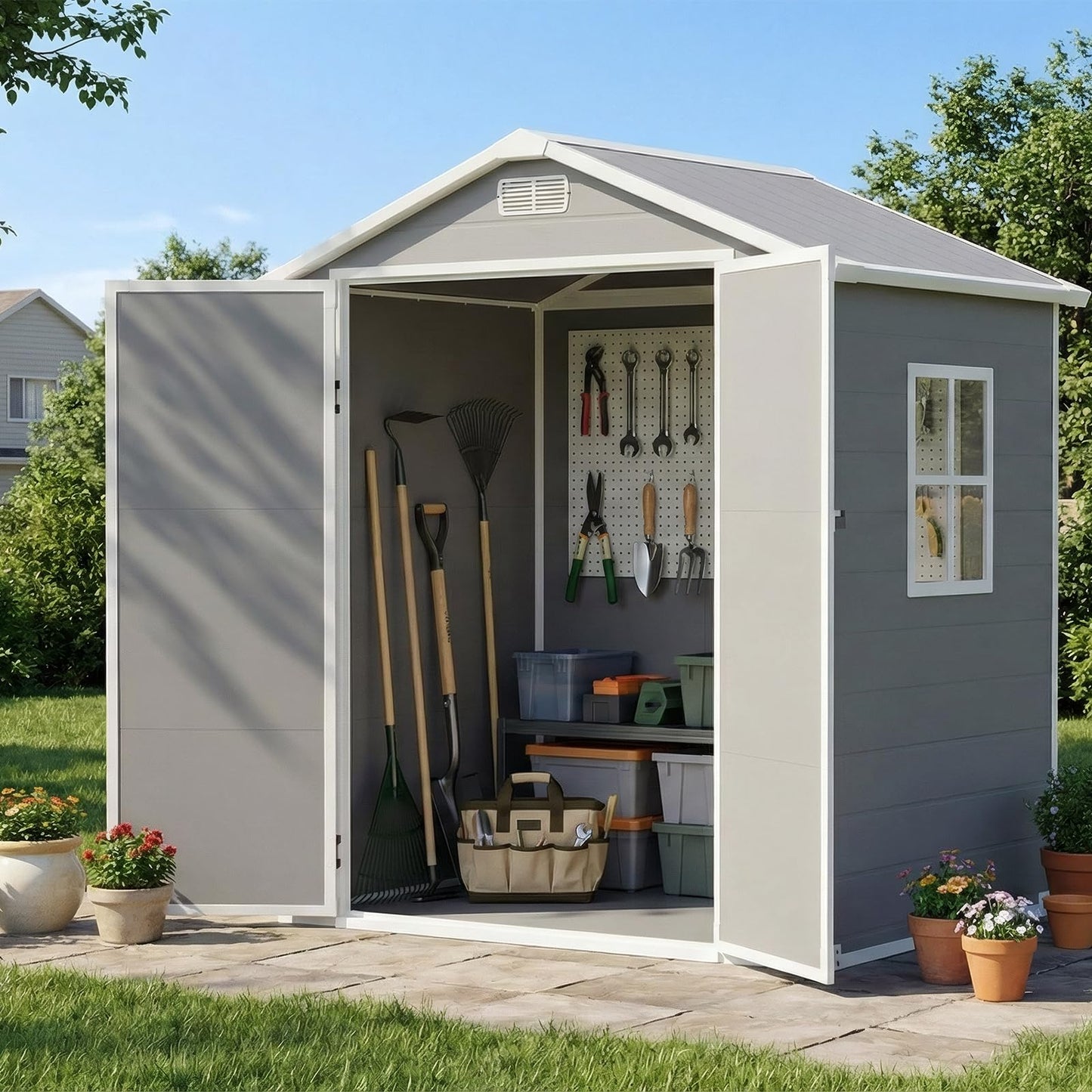 LARBANKE 6x4 FT Outdoor Resin Storage Shed with Floor & Window, All-Weather Waterproof Plastic Garden Tool Shed, Plastic Shed with Lockable Double Doors & Ramp for Mower, Bike,Backyard Storage, Gray