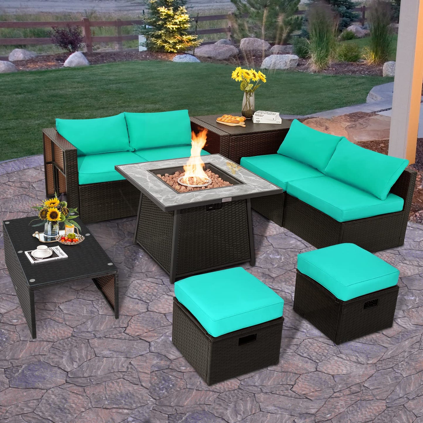 Tangkula 9 Pieces Outdoor Patio Furniture Set with 35-Inch Propane Fire Pit Table, Outdoor PE Wicker Sectional Sofa Set with Storage Box and Cushions, 50,000 BTU Gas Fire Pit Table (Turquoise)