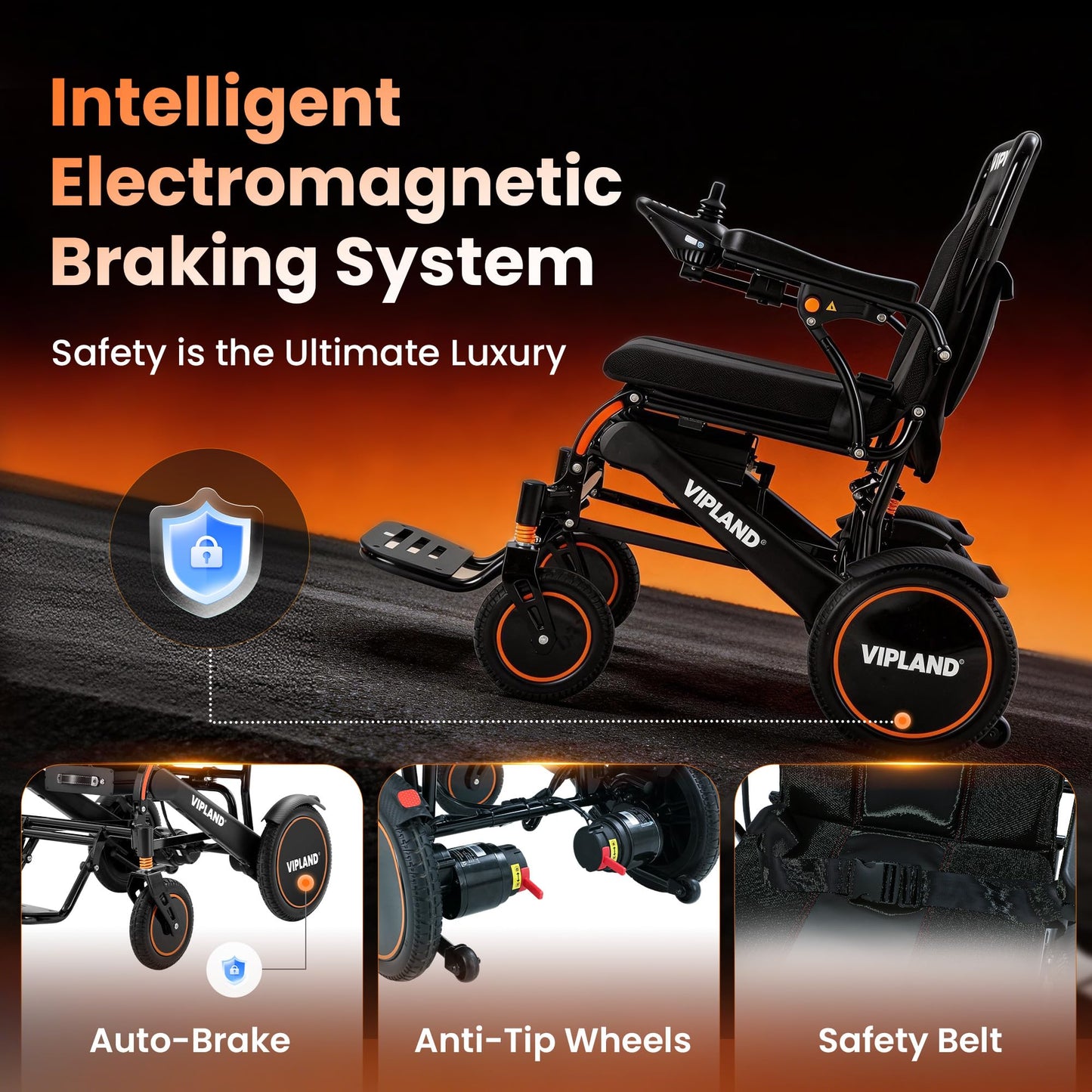 VIPLAND Portable Electric Wheelchairs for Adults, Lightweight Foldable Electric Motorized Wheelchair, 15 Miles Range, 700W Motors, Support 250lbs, All Terrain Airline Approved, Remote Control, Orange